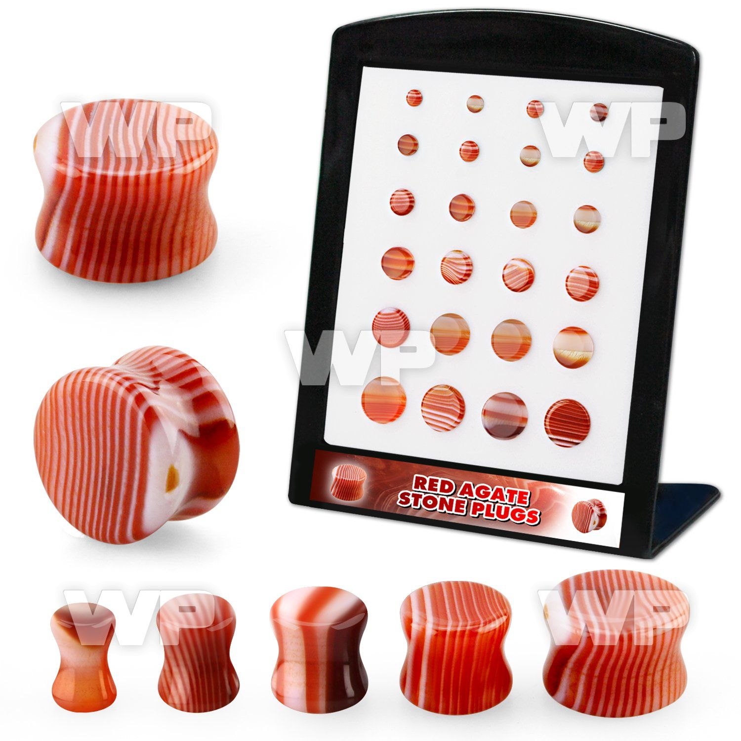 brpg216 display w 24 pcs. of red agate double flared stone plug
