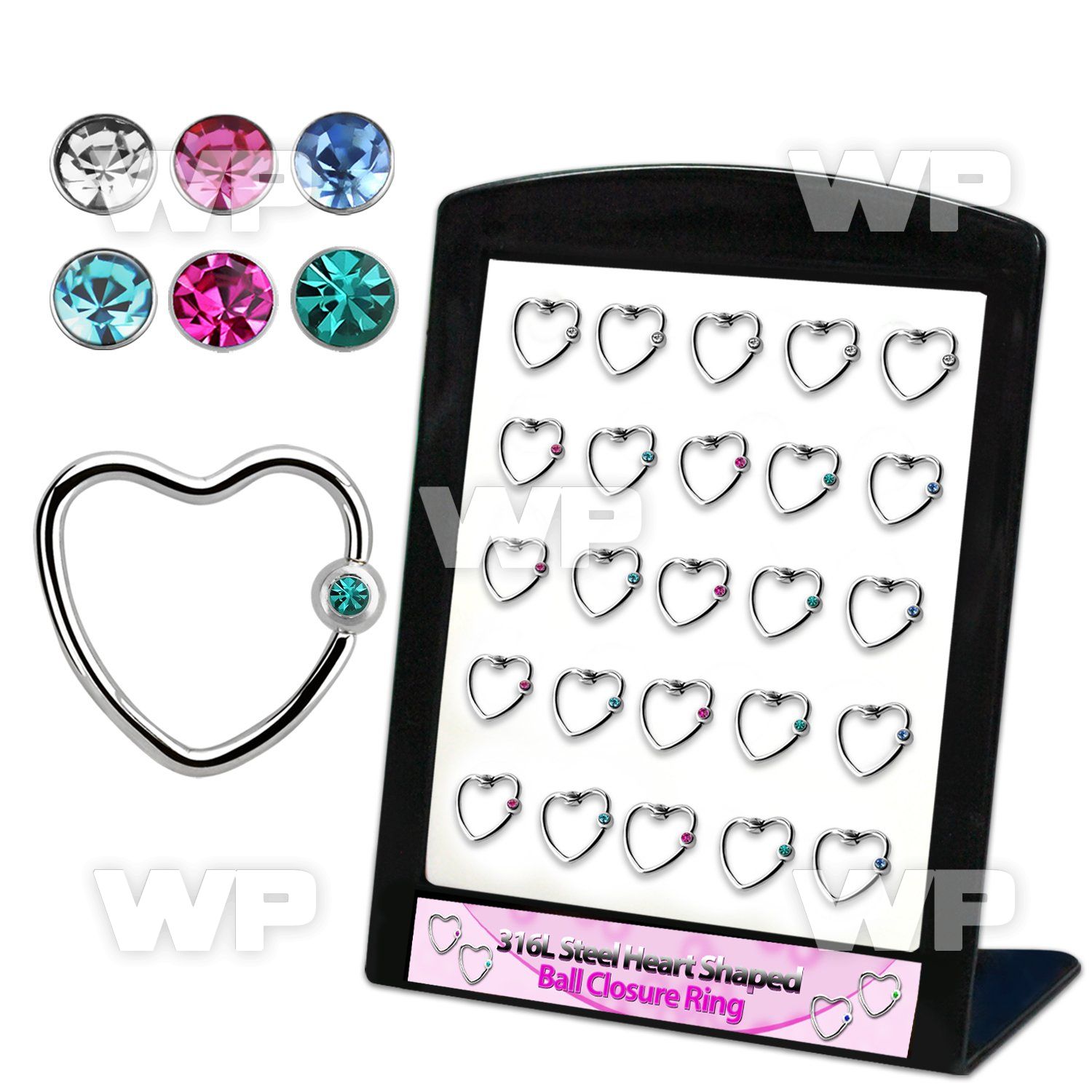 brpg233 display w 25 steel heart ball closure rings w 3mm ball