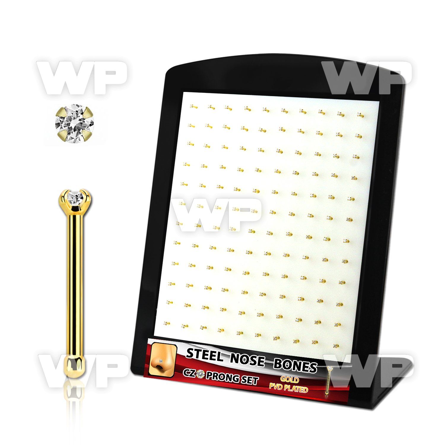 brs124 display w gold plated steel nose bones w 1.5mm clear czs
