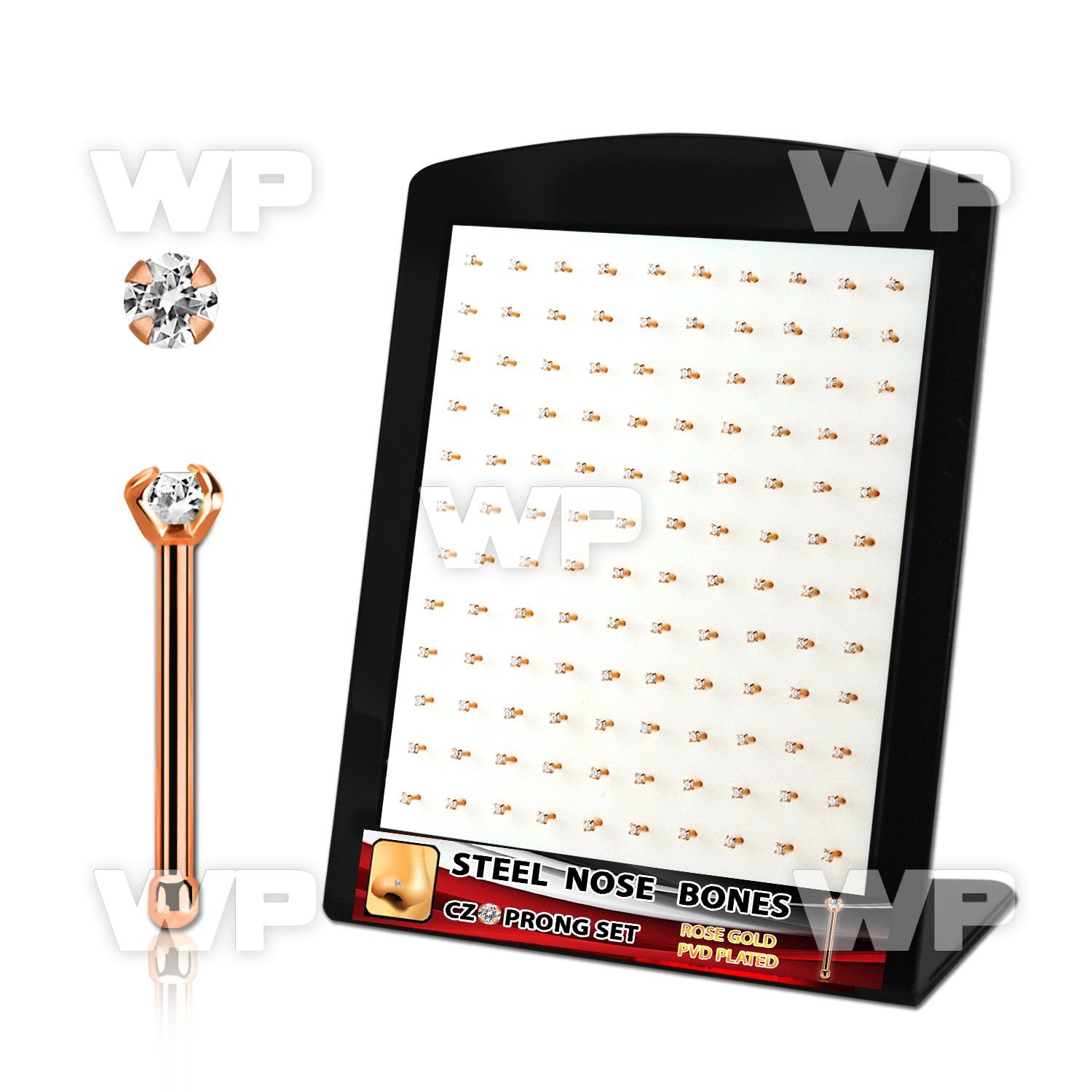 brs129 display w rose gold steel nose bones w 2mm clear czs