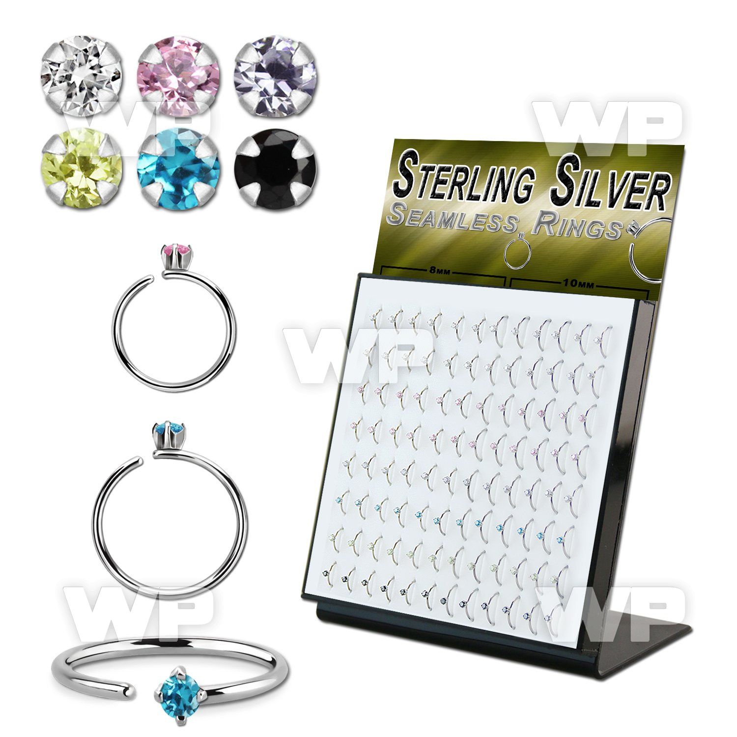 brselz2 display w 316l steel seamless ring 20g w mix color cz