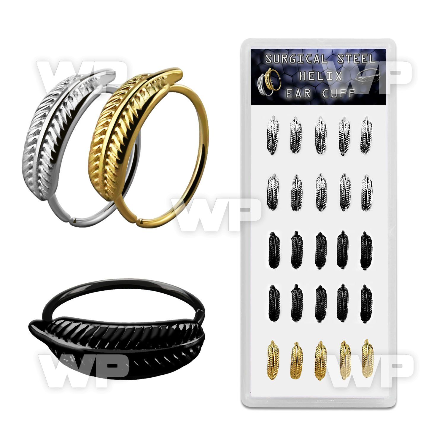 bxechf1 box plain, black gold steel helix ear cuffs w feather