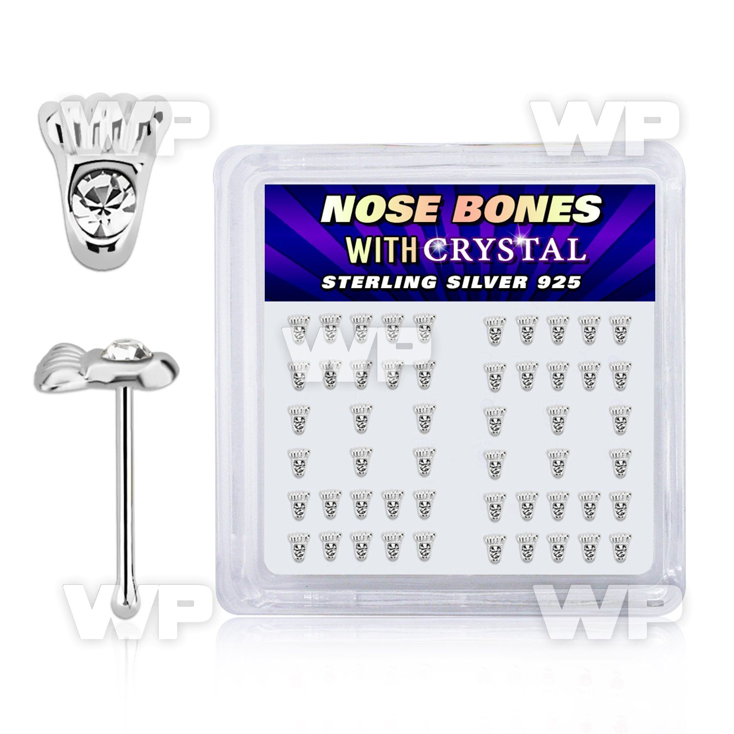 bxftc box w 52 pcs. silver nose bones w foot print shaped top