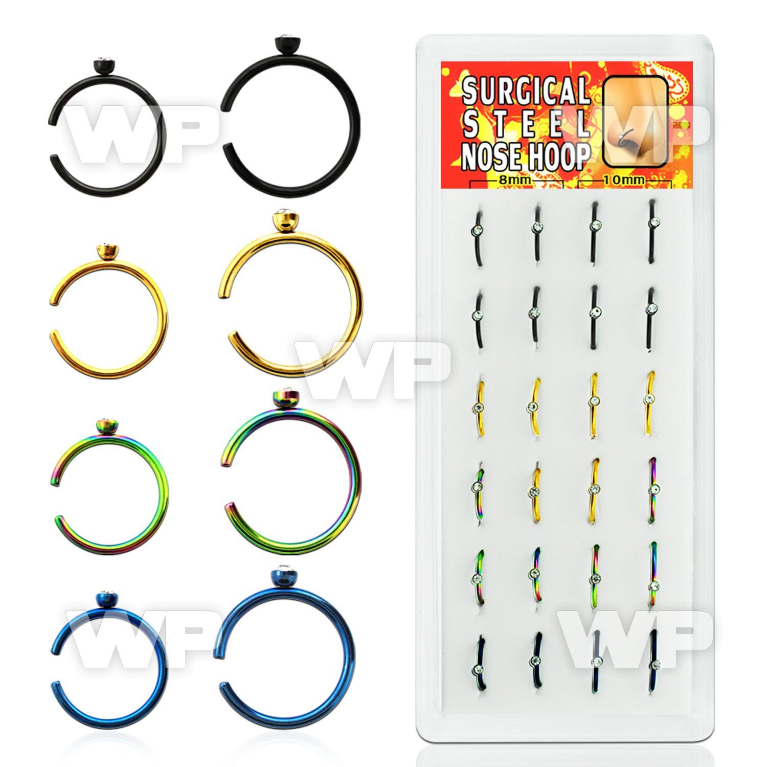 BXNRT3 display anodized nose rings w clear crystal ball