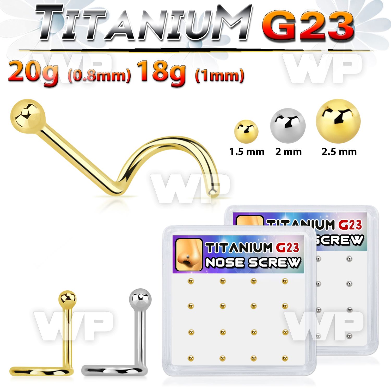 bxuns5 box w titanium g23 nose screws 20g w 2mm ball shaped tops