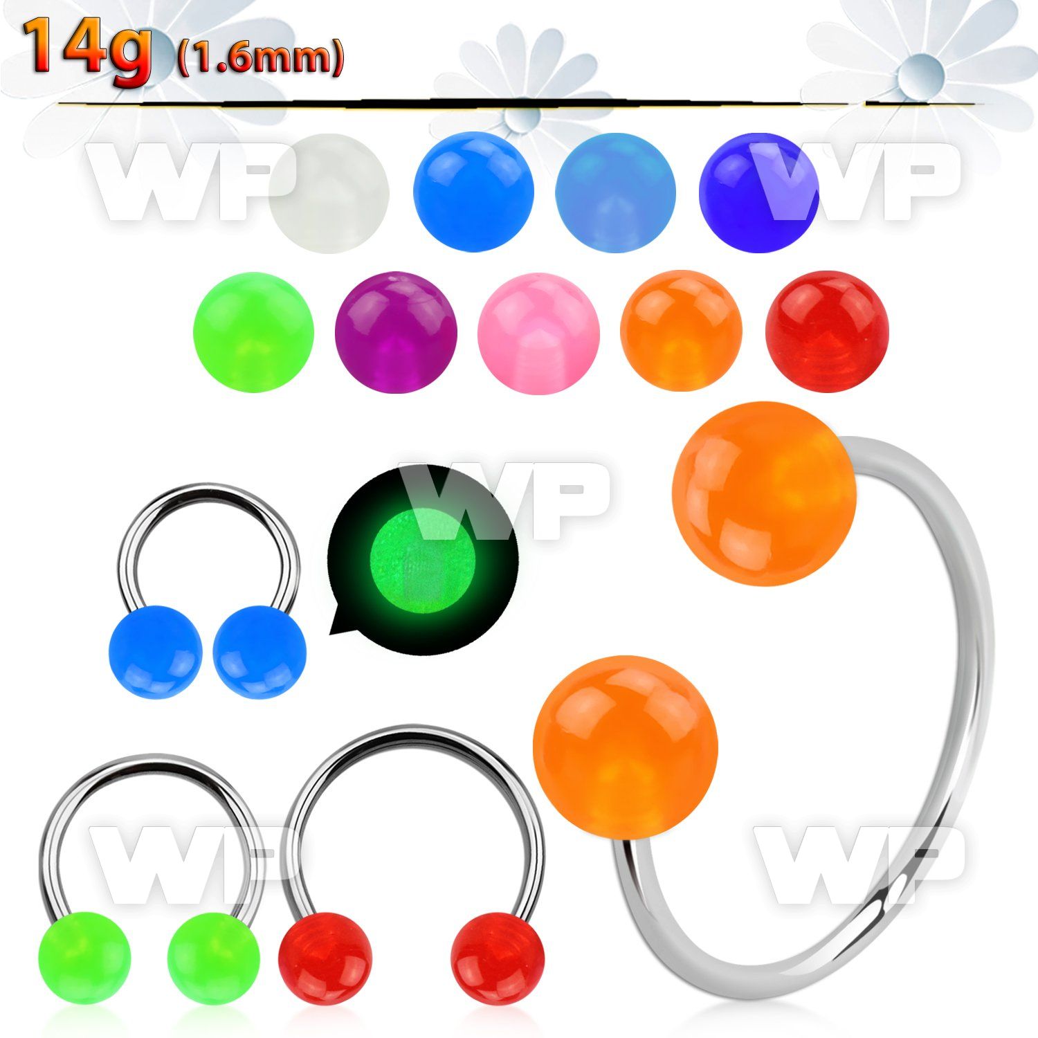 cbglb5l xxl steel circular barbell 14g 5mm glow in the dark ball