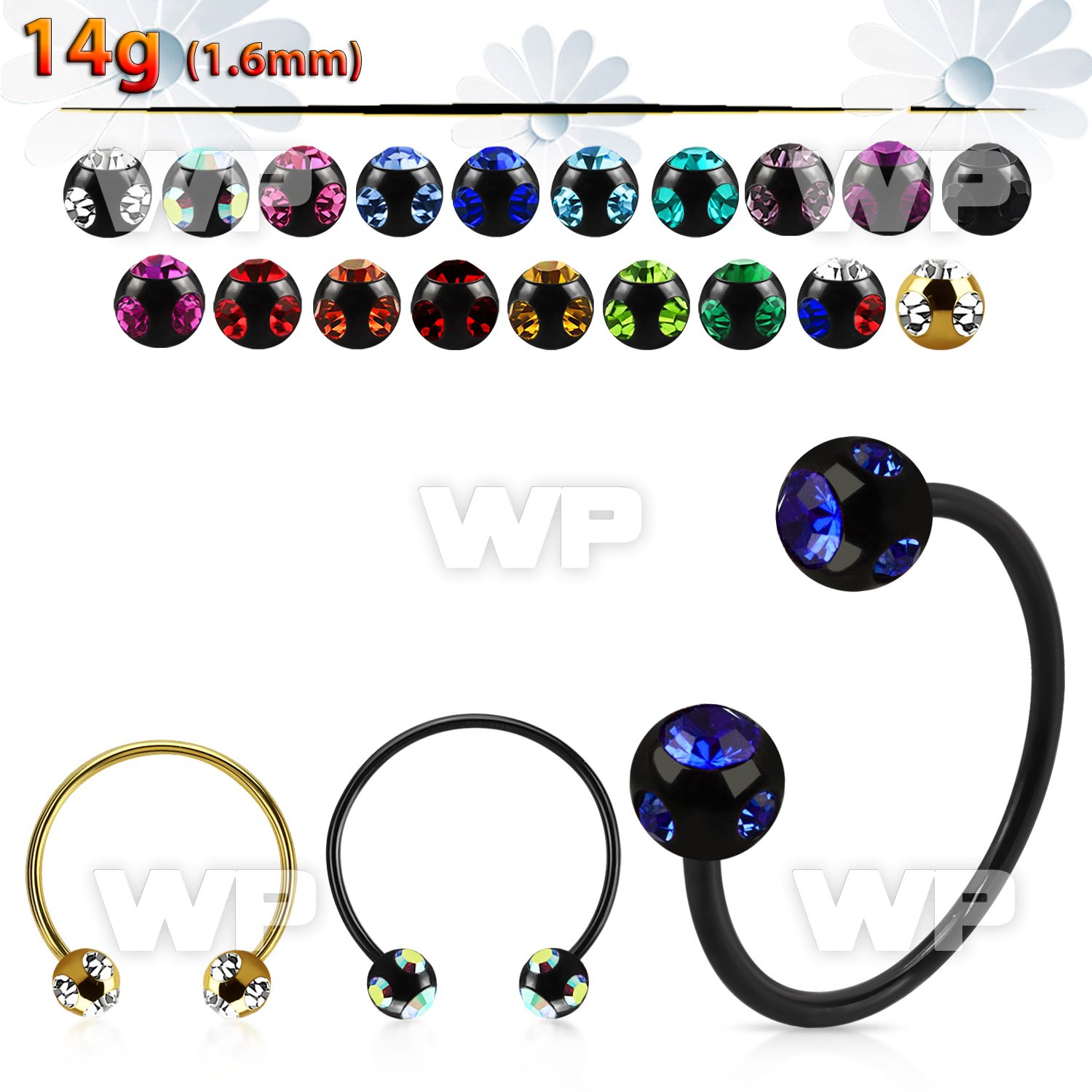 cbmtmj6l xxl anodized steel cbr, 14g w 6mm multi jewel balls
