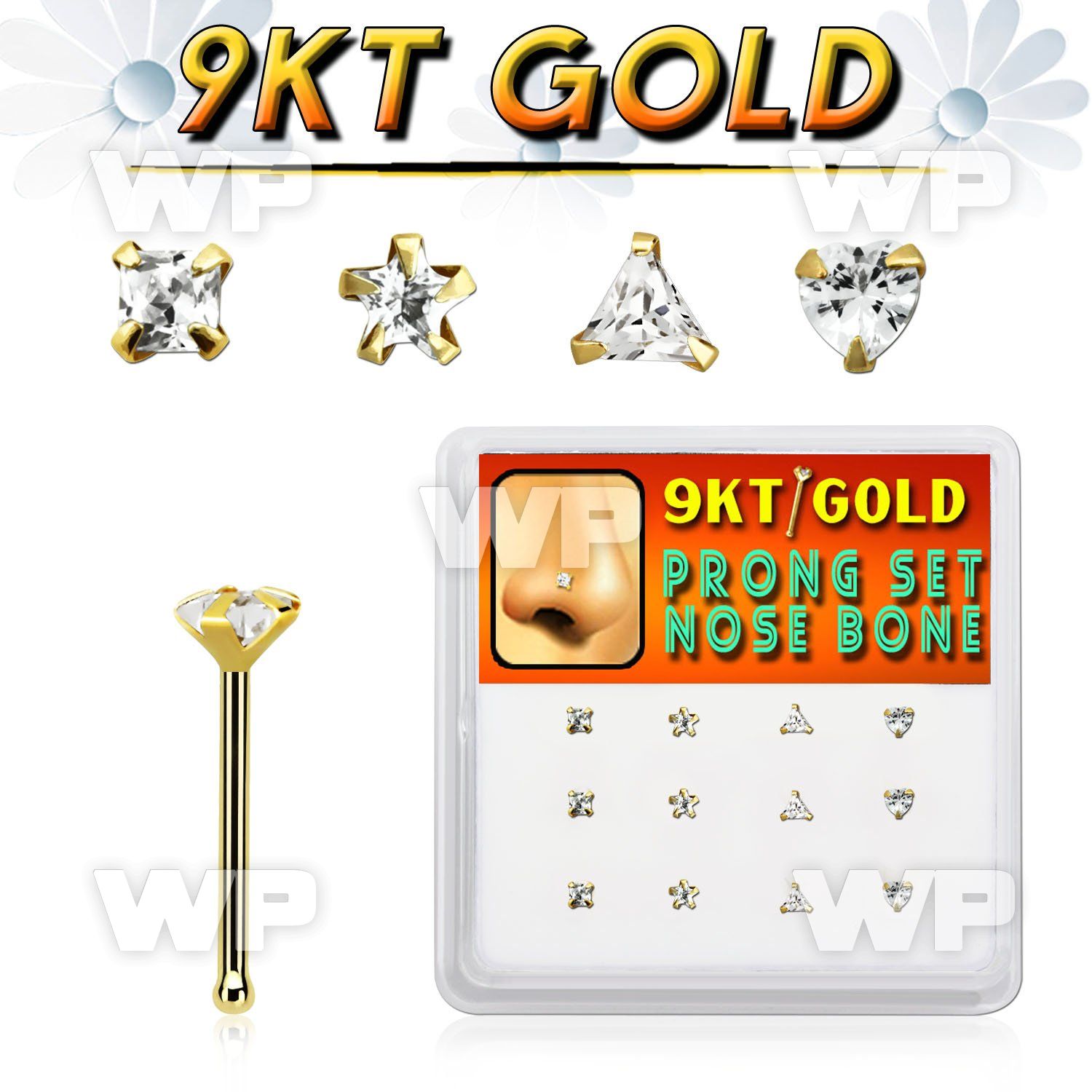 d9gnb13 box w 9kt gold nose bones w czs in mixed shape