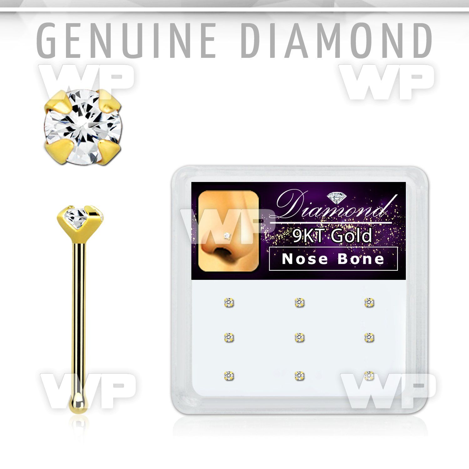 d9gnb15 box w 14kt gold nose bone w 1.5mm genuine diamond