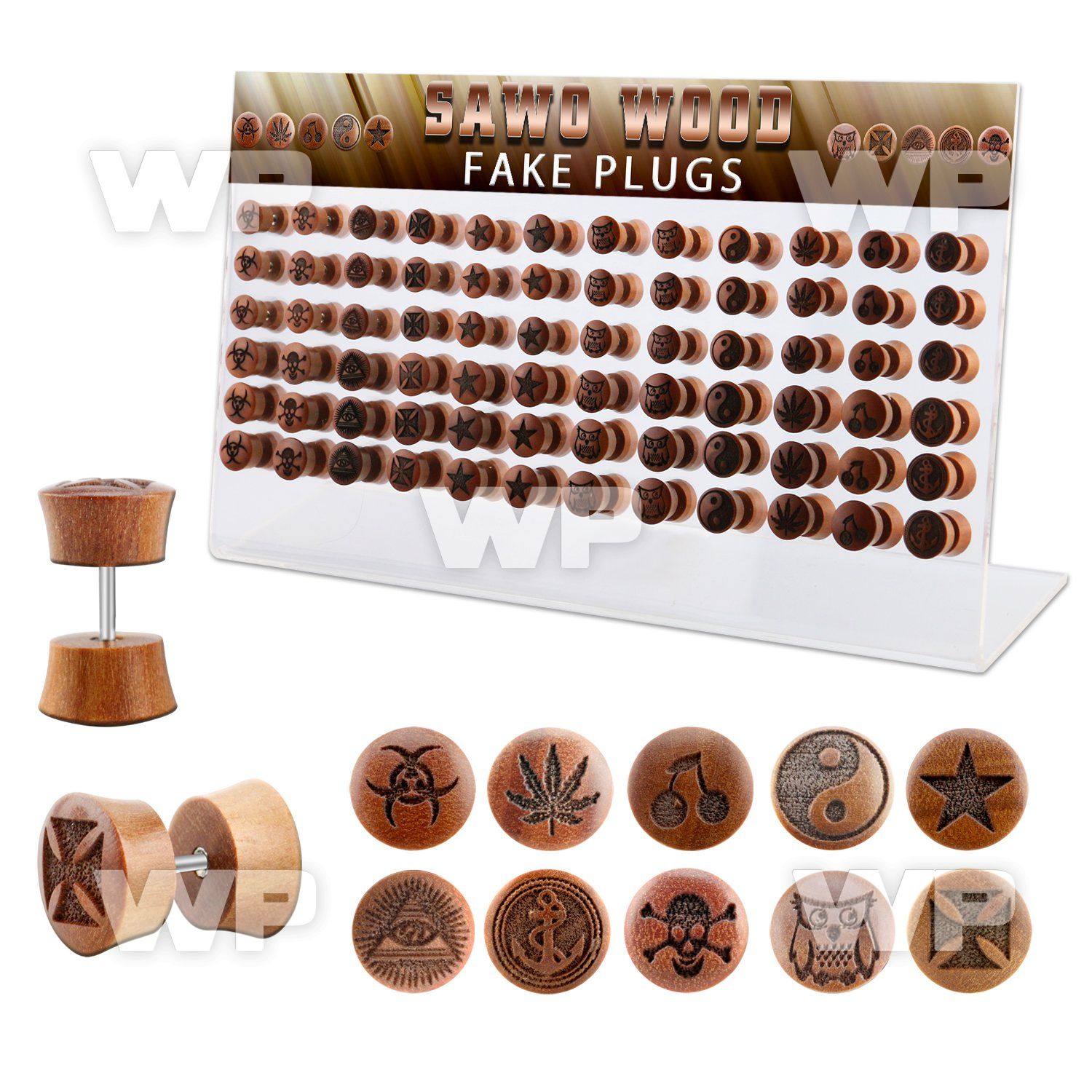 dacb220 display w 72 pcs of assorted logo wood fake plugs