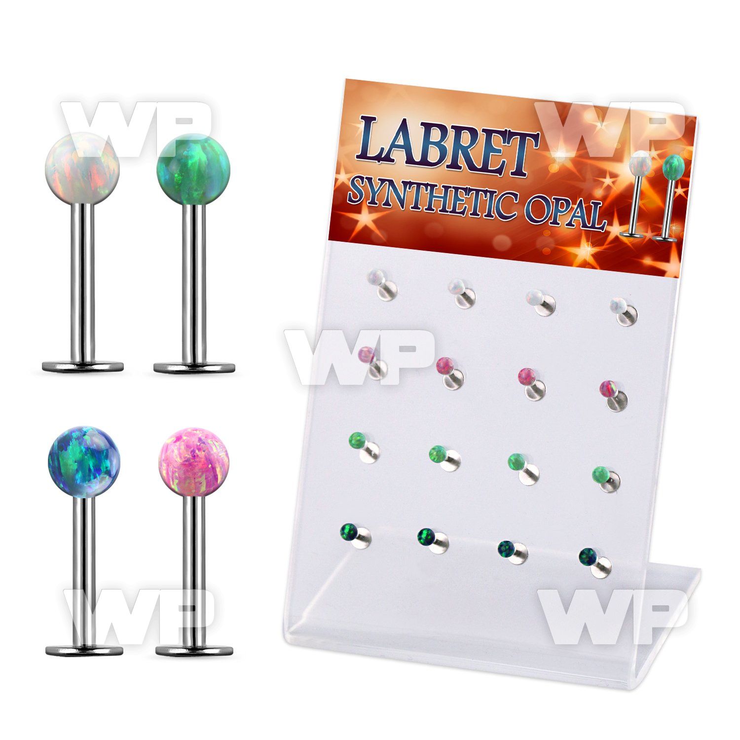 dacb224 display w 316l steel labrets w 3mm synthetic opal ball