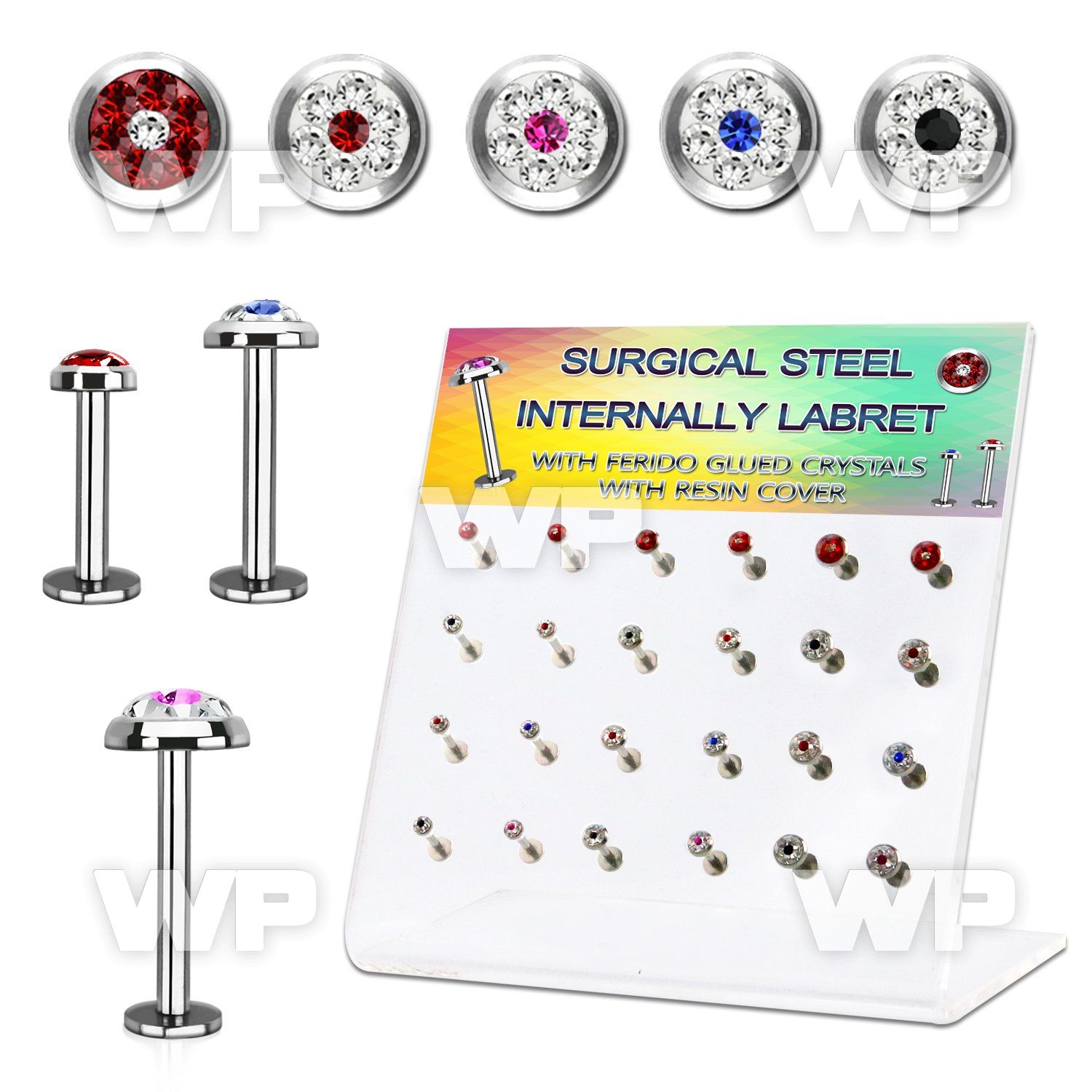 dacb226 steel internall labret w multi crystals dot flat top