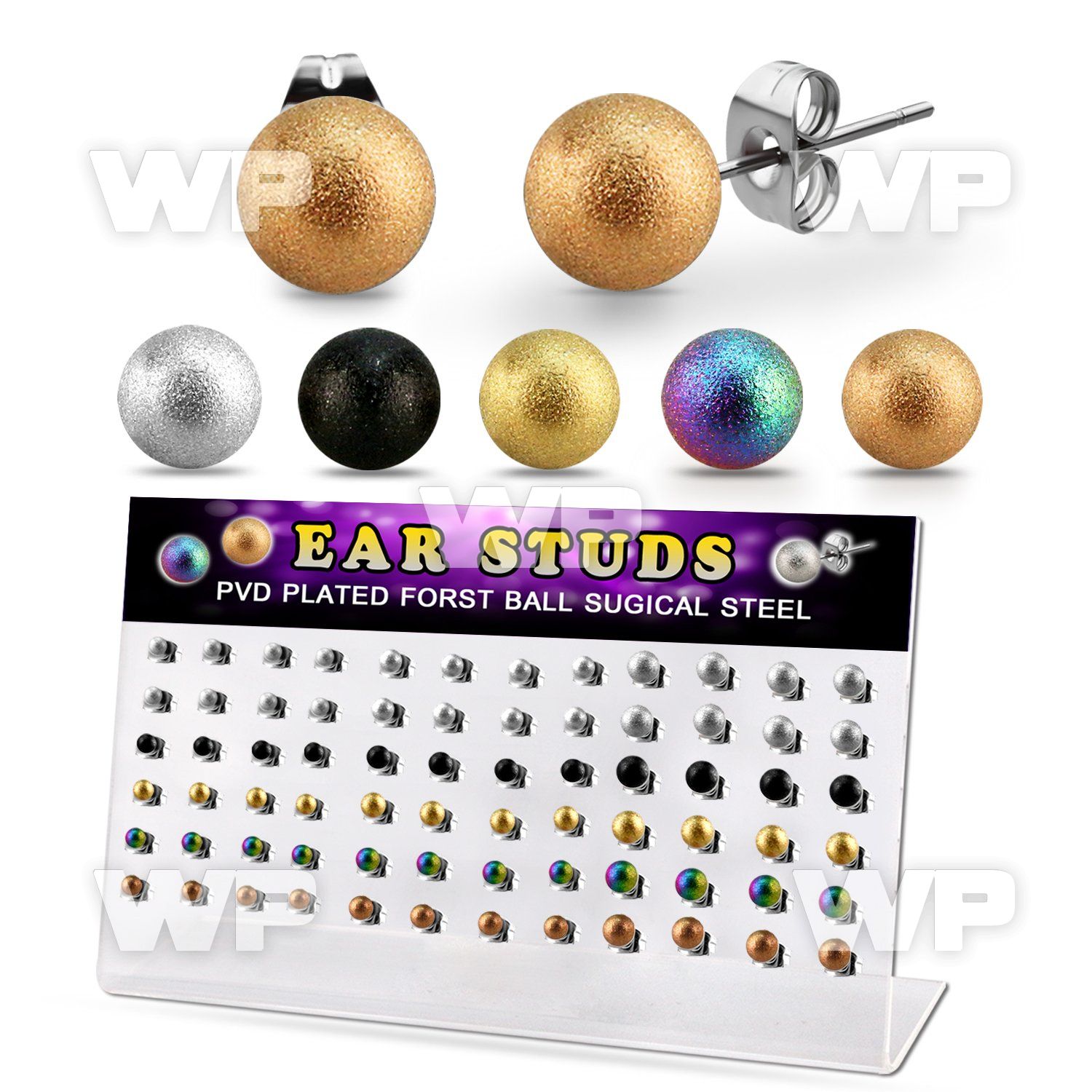 dacb230 display w 36 ball shaped frosted effect steel ear stud