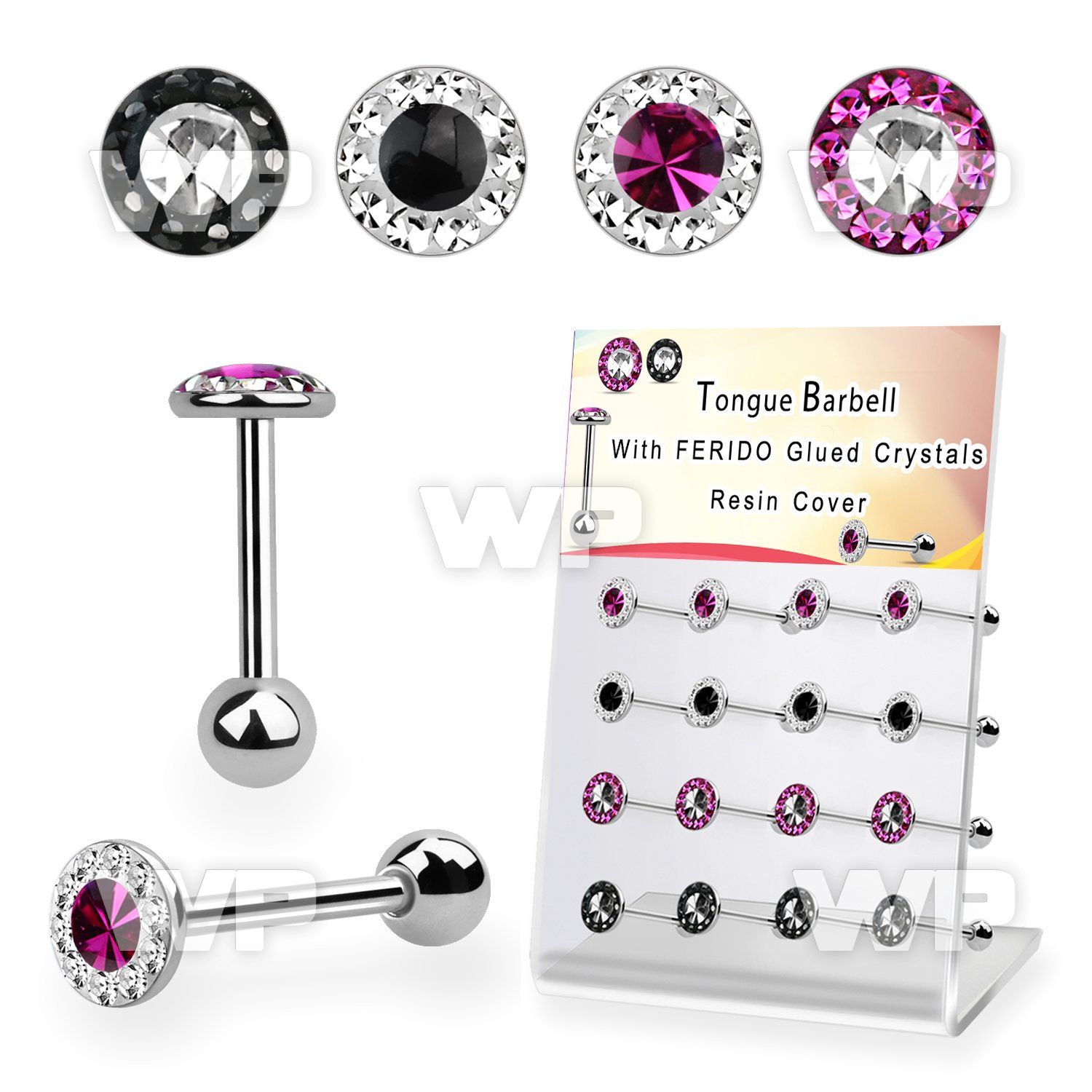dacb237 display w steel tongue barbell w 7mm top w multi crystal