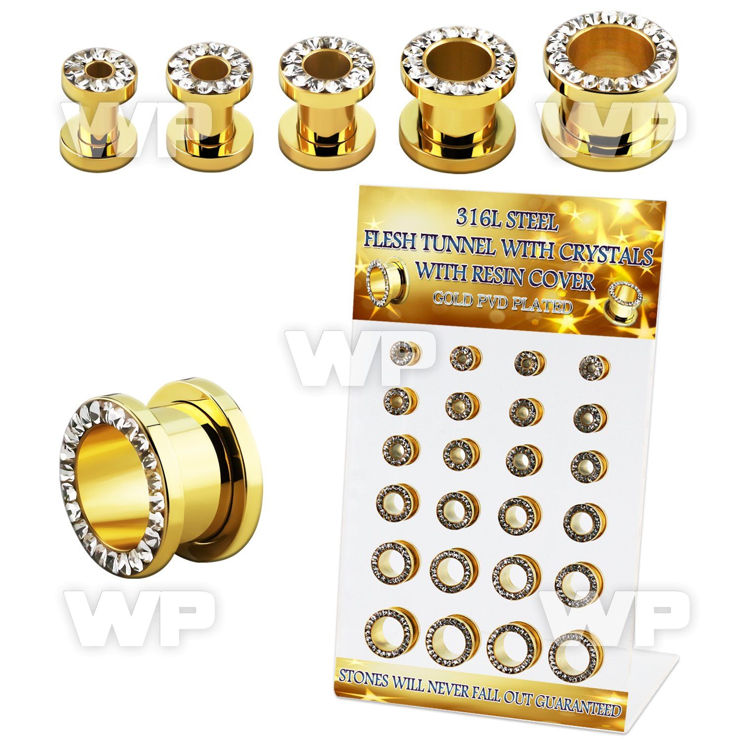 dapg102b board w gold steel flesh tunnel w crystal rim w resin