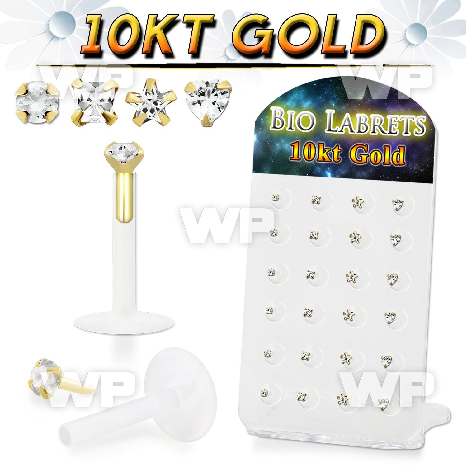 dgibimc bioflex labret w push in 10kt gold top with prong cz 