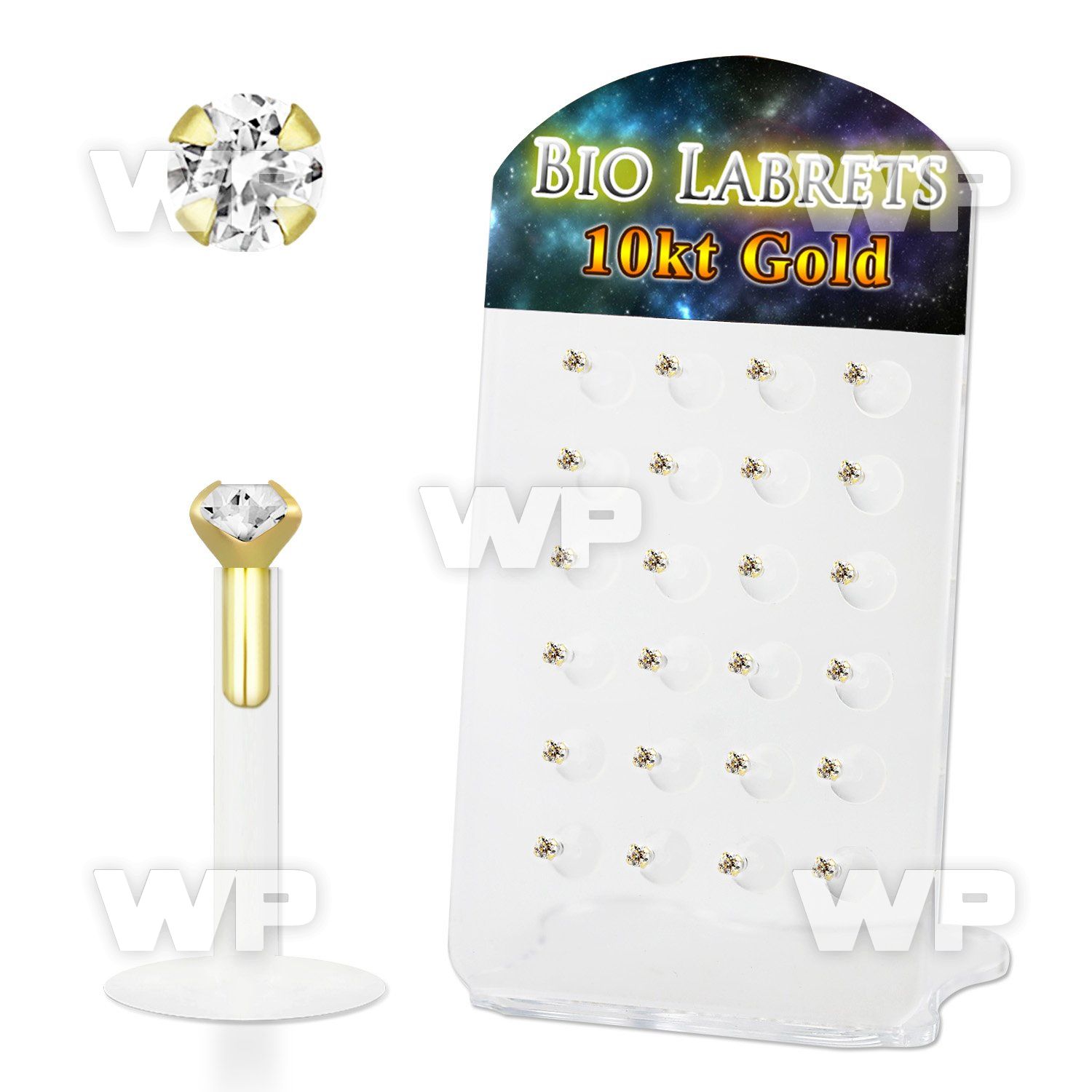 dgibizc bioflex labret w push in 10kt gold top w prong cz 