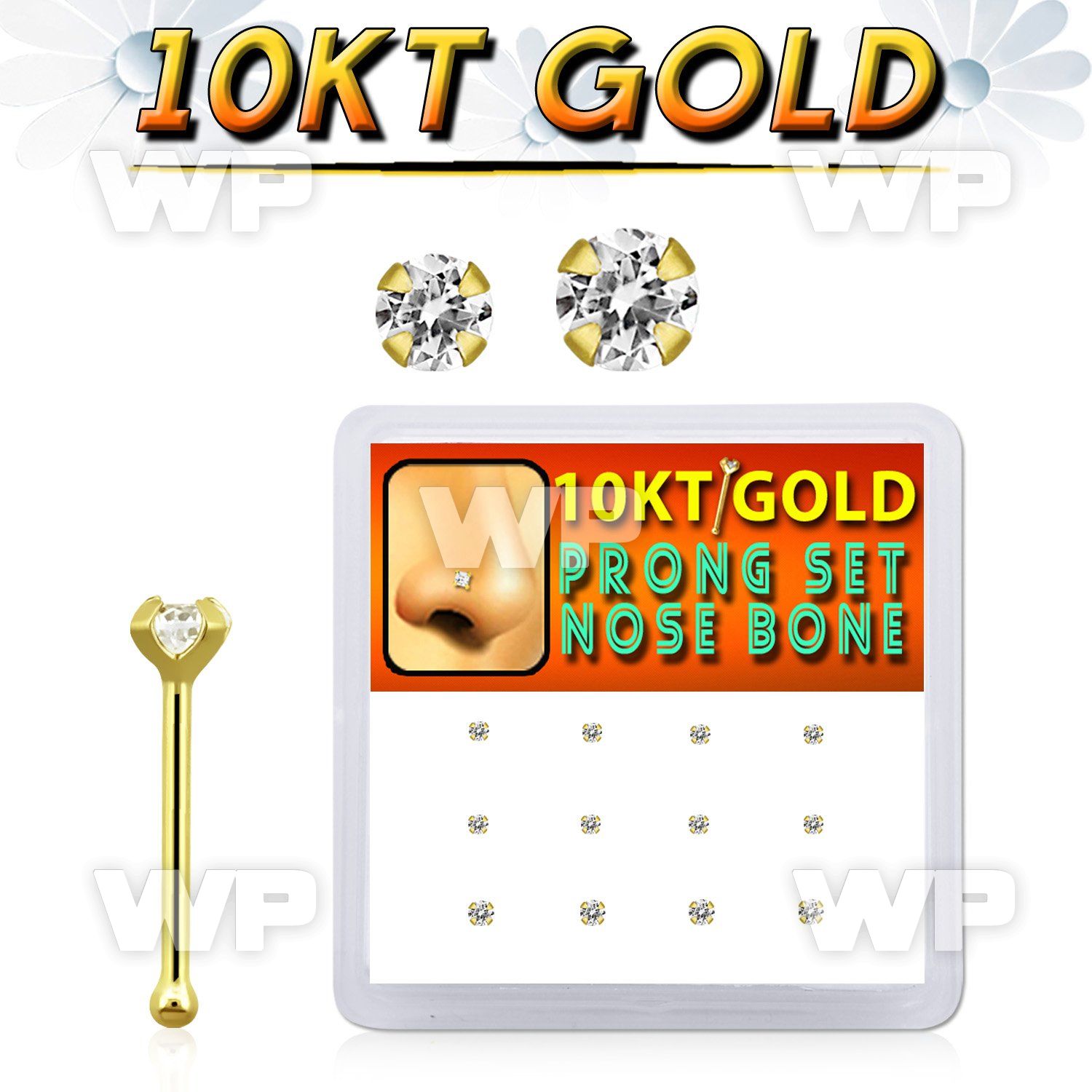 dginb11 box w 10kt gold nose bones w 1.5 2 mm round cz tops