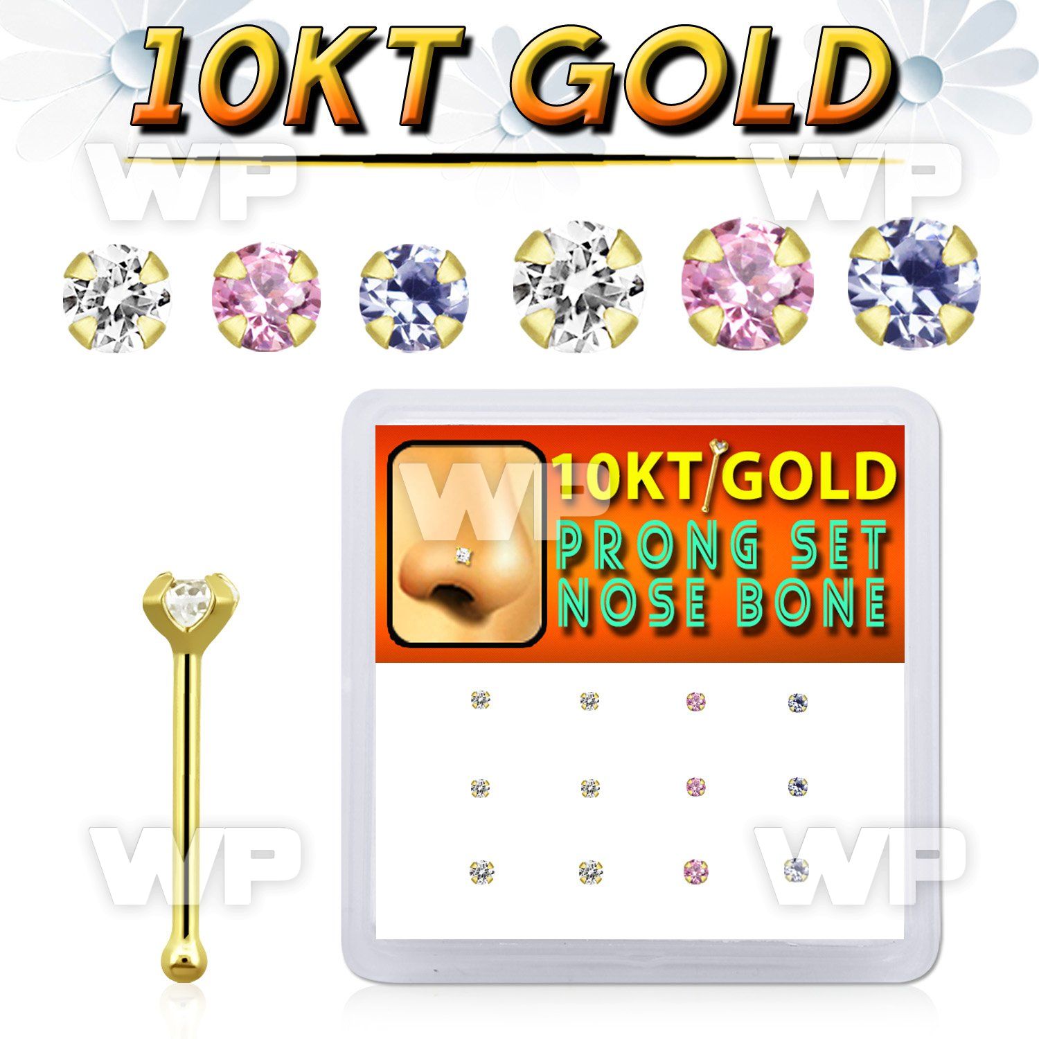 dginb12 box w 10kt gold nose bones w 1.5 2 mm round cz tops