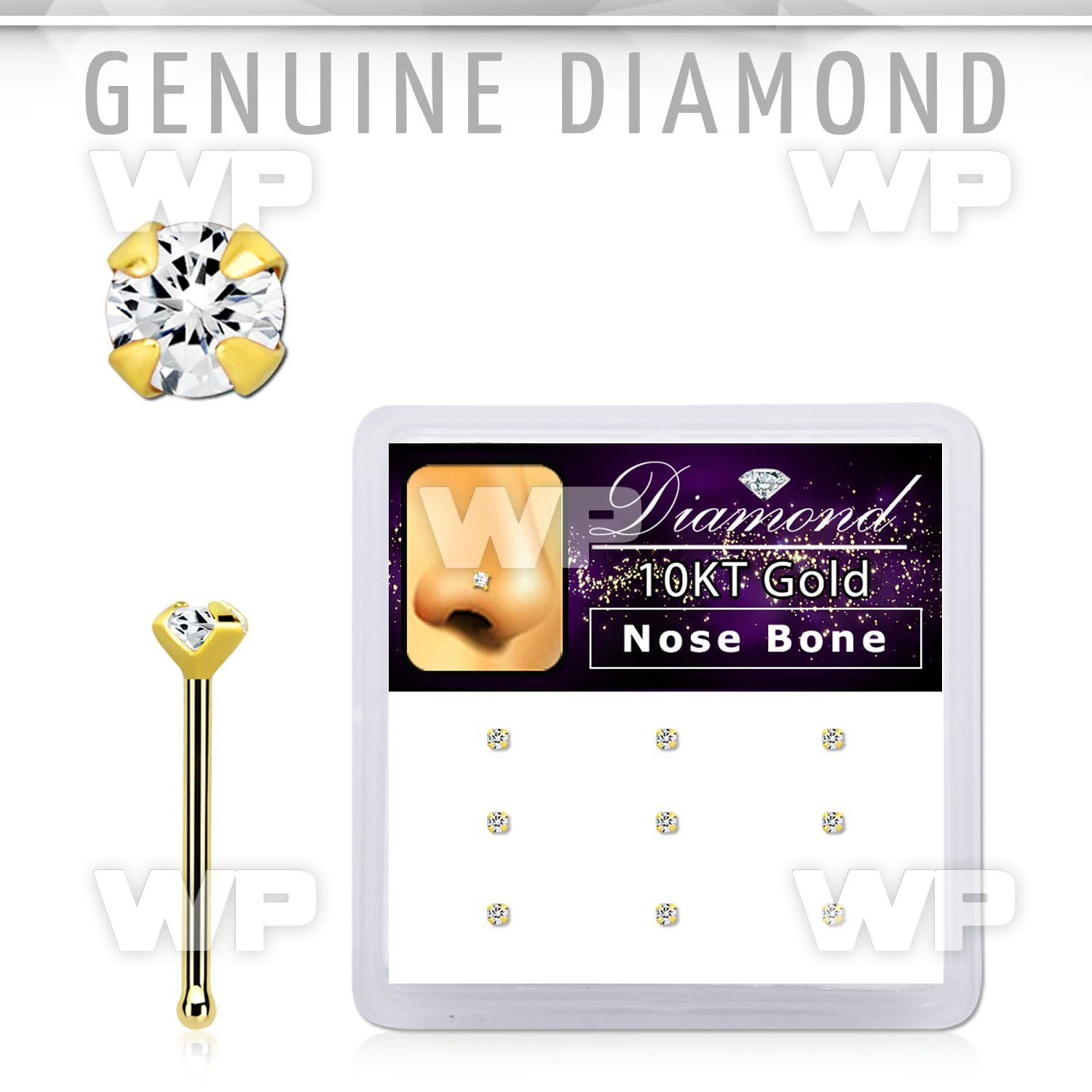 dginb15 box w 10kt gold nose bones w 1.5 real prong set diamonds
