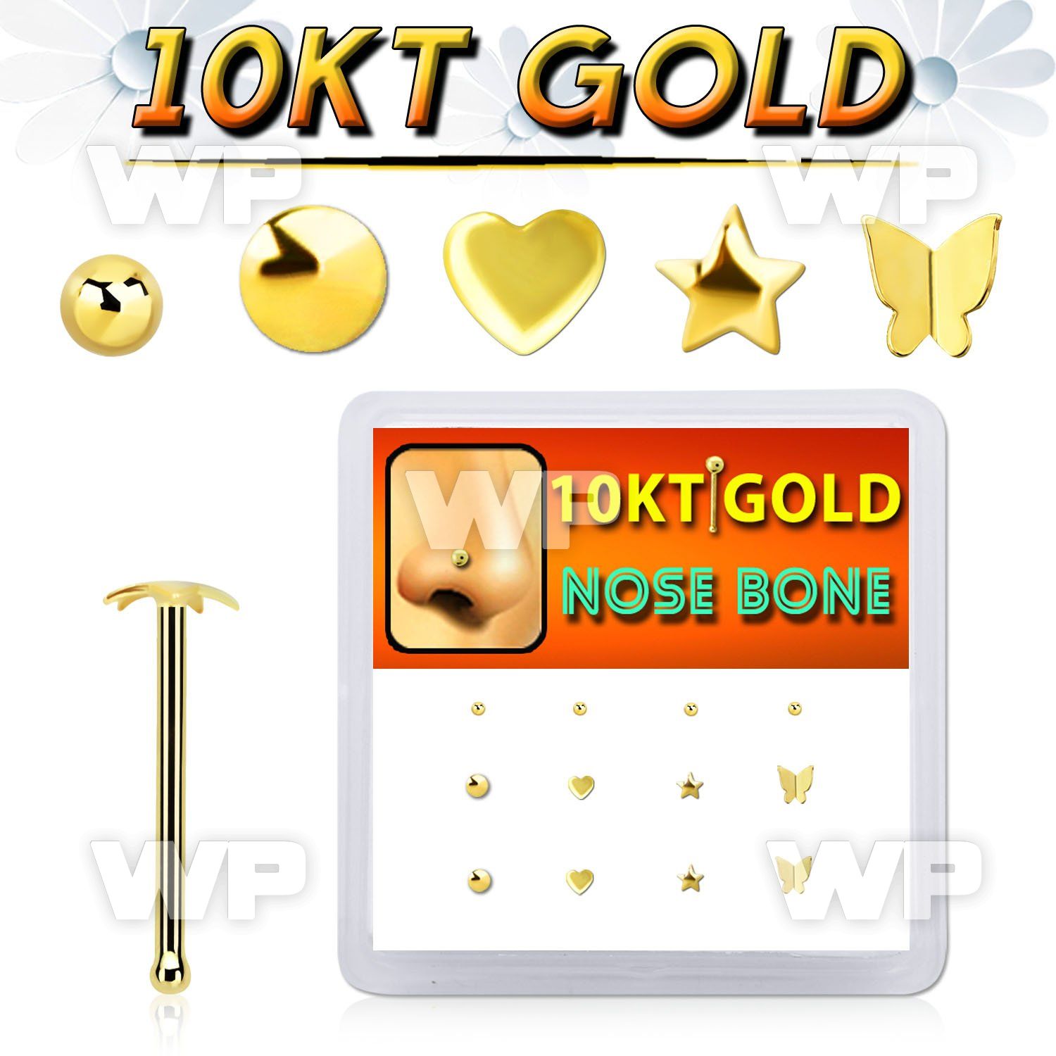 dginb16 box w 10kt gold nose bones w mixed plain tops