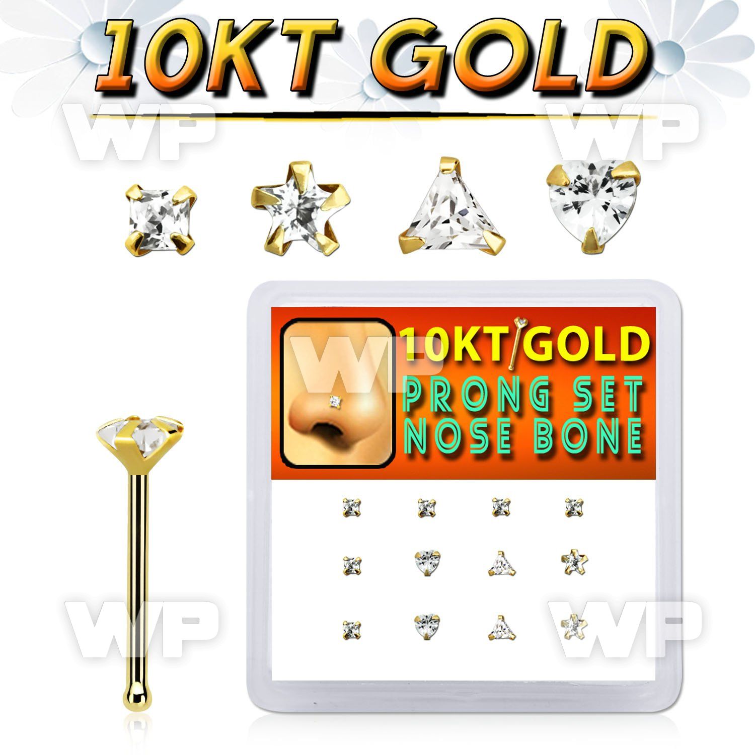 dginb17 box w 10kt gold nose bones w 3mm cz stones in mix shape