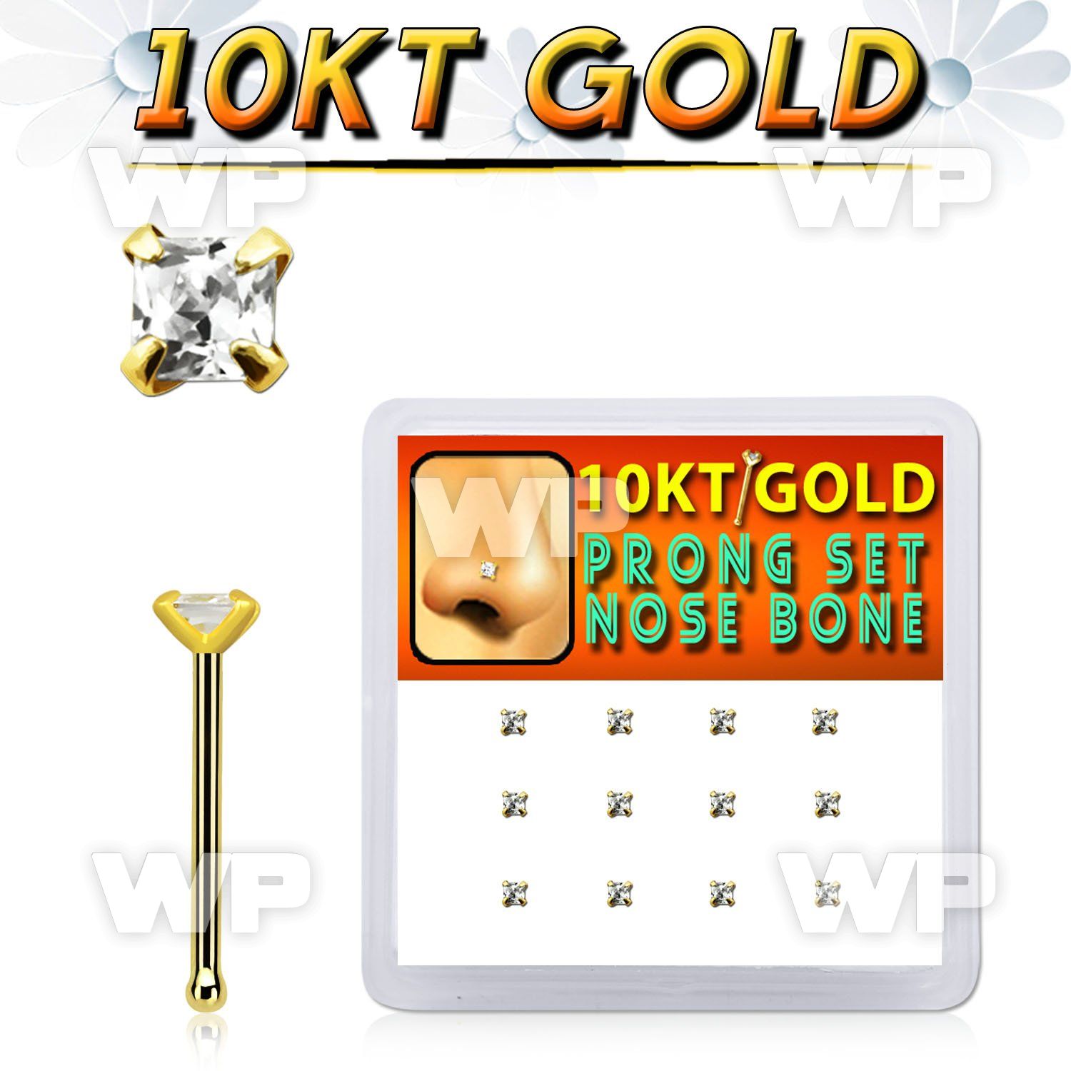 dginb19 box w 10kt gold nose bones w prong set 2mm square cz 