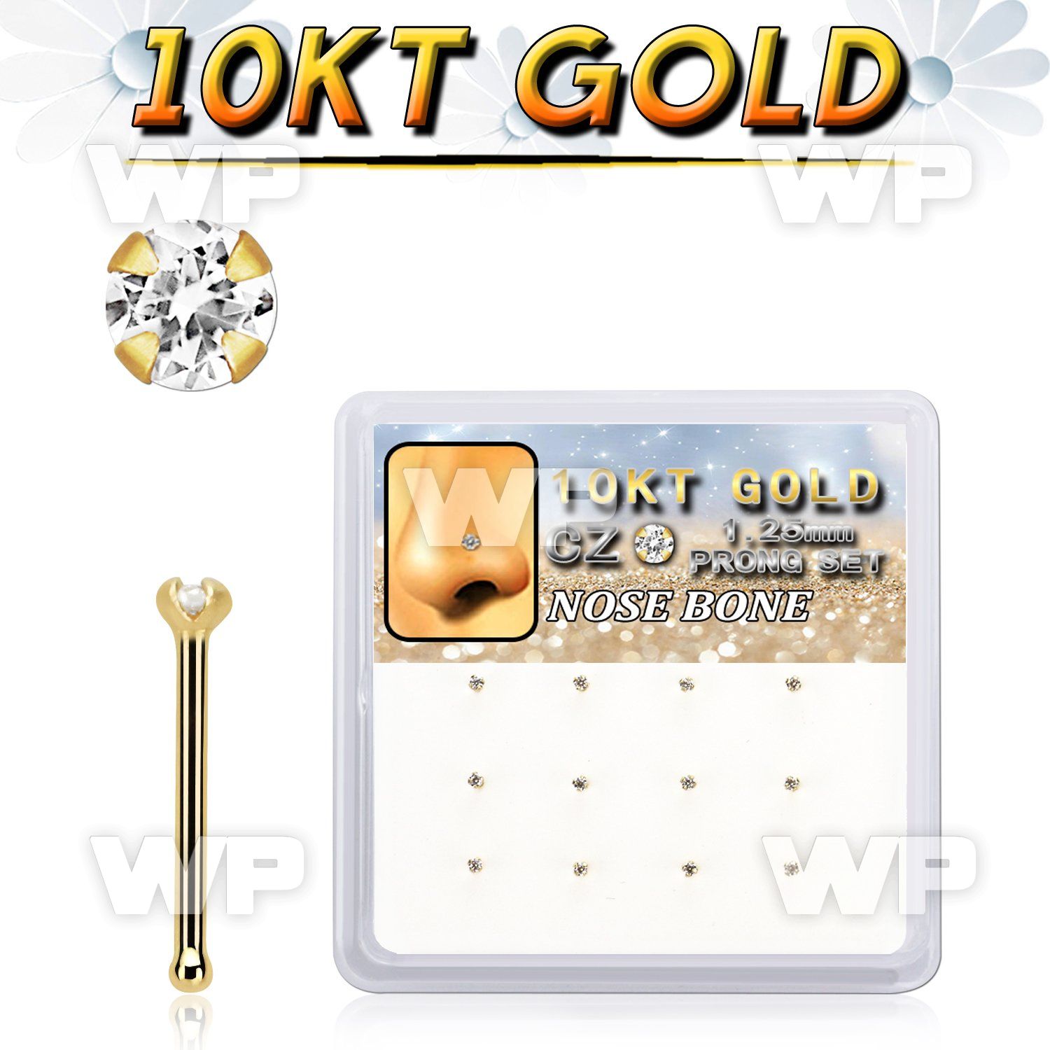 dginb22 box w 12 pcs. of 10kt gold nose bones w 1.25mm clear cz 