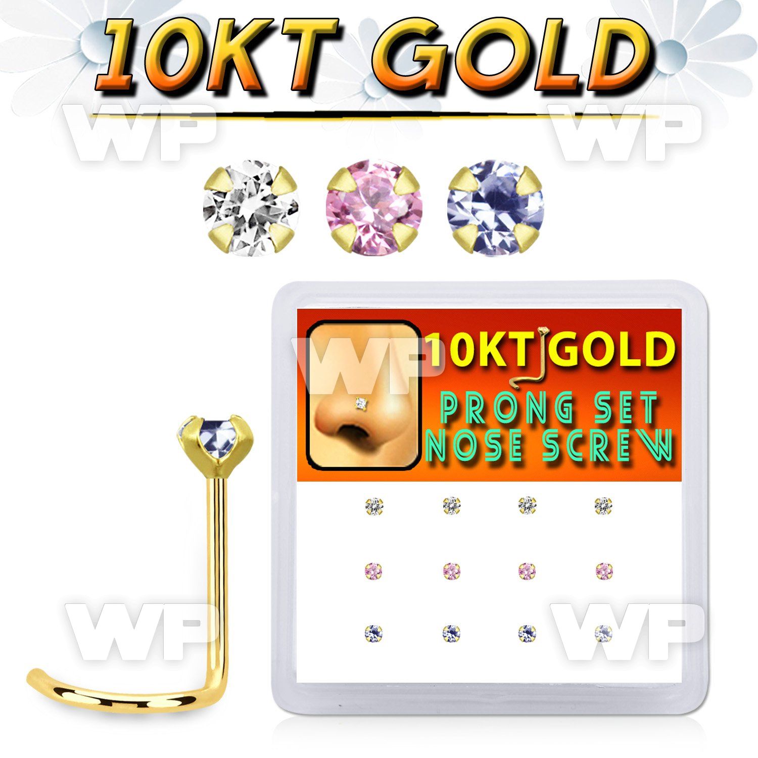 dgisc27 box w 10kt gold nose screw w prong set 2mm mix color czs