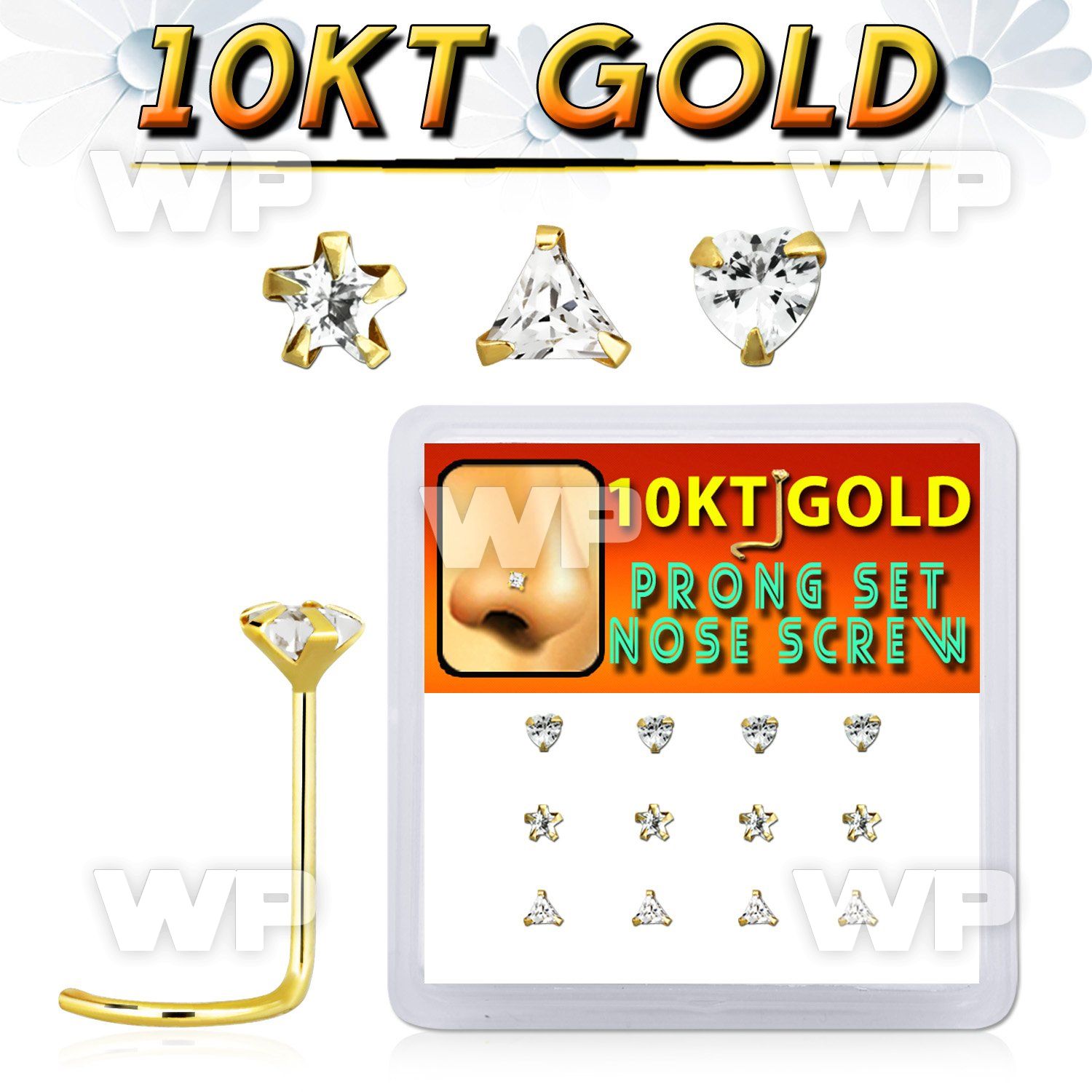 dgisc9 box w 12 pcs of 10kt gold nose screw w clear assorted cz