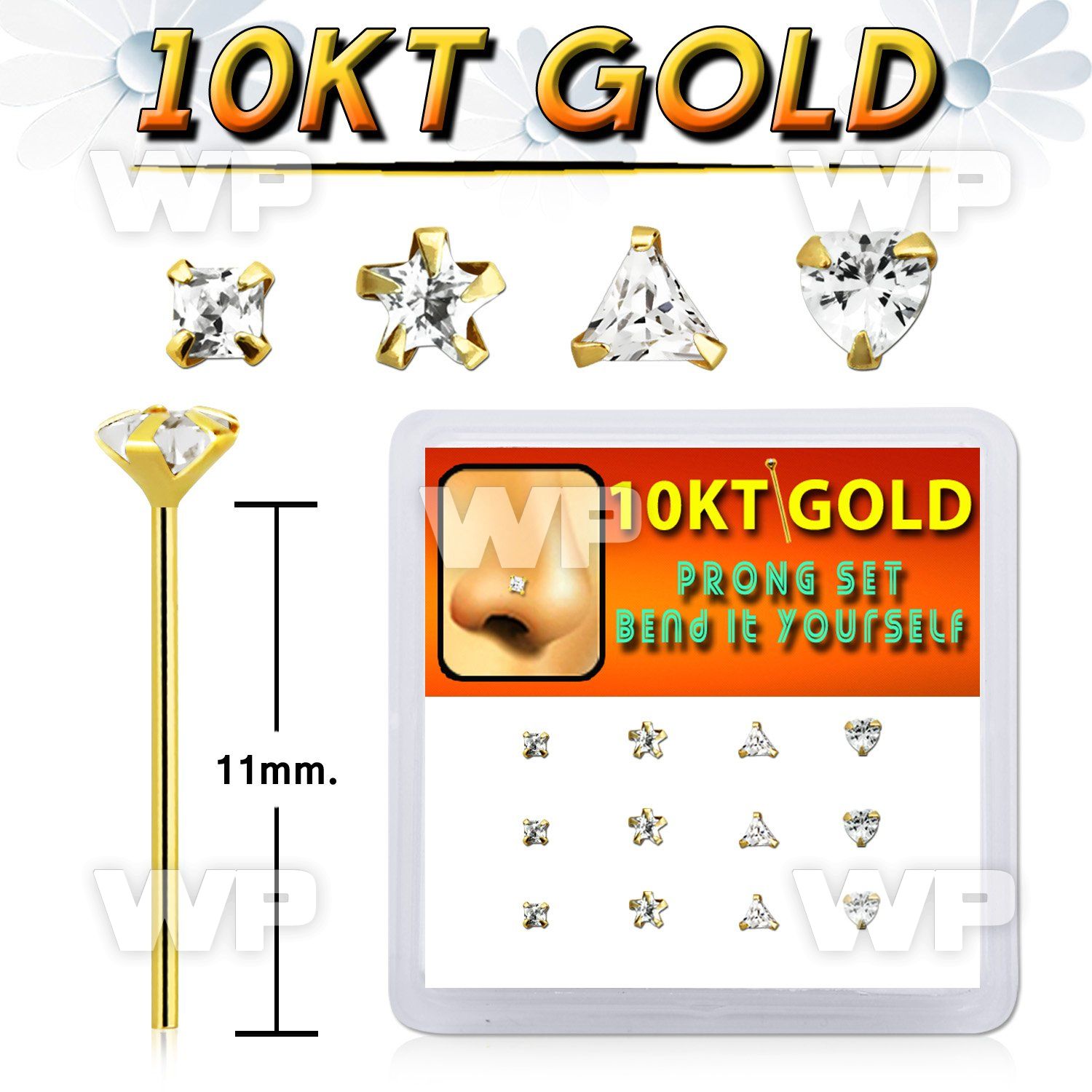 dgiys13 box w 12 10kt gold bend it nose studs w mixed shape czs