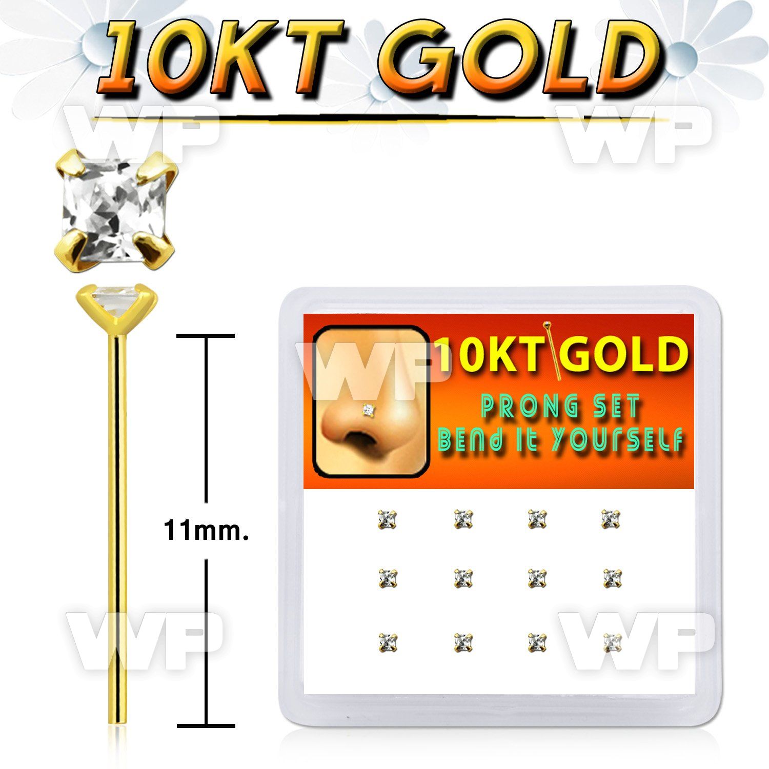 dgiys25 box w 12 10kt gold bend it nose studs w 2mm round czs