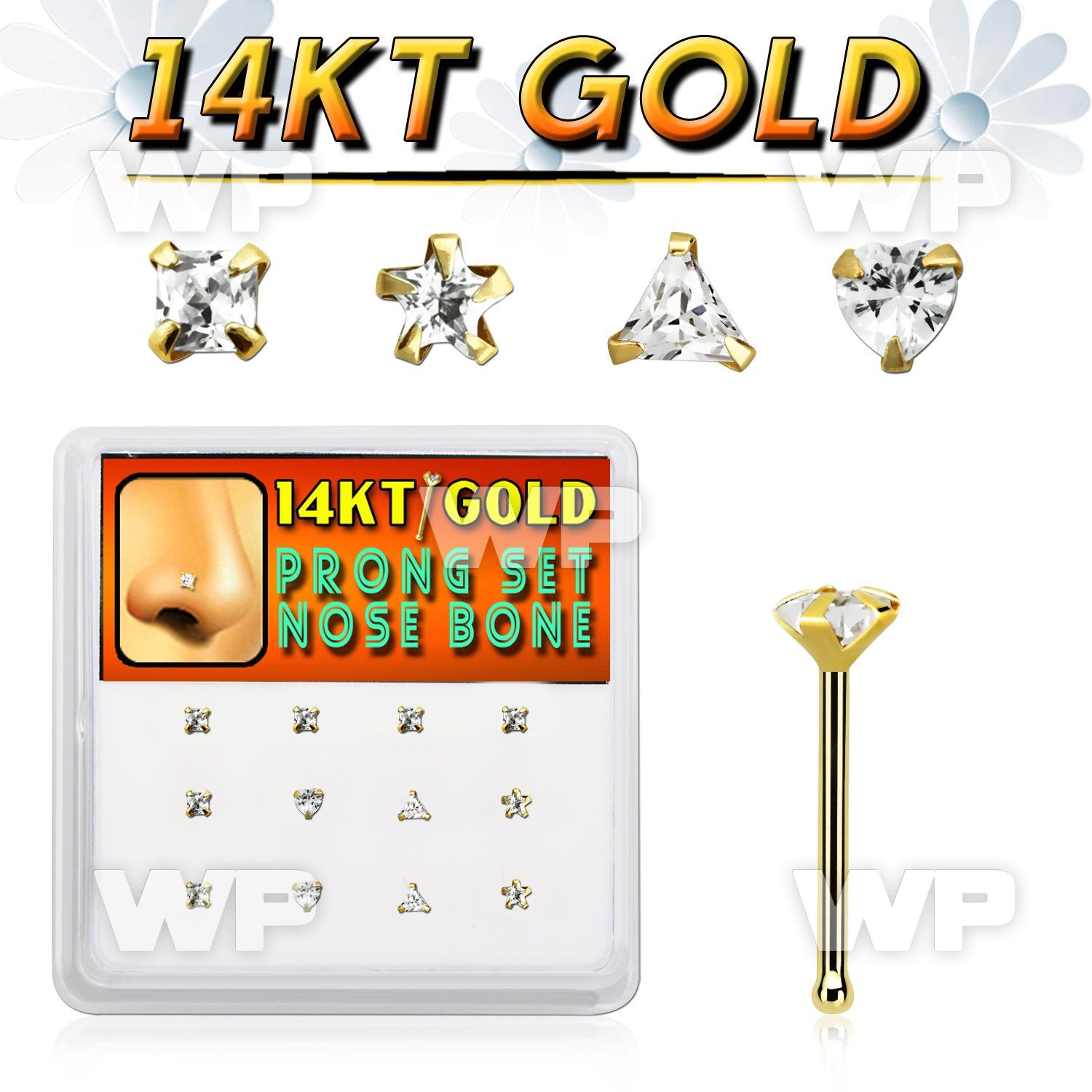 dgnb17 box w 14kt gold nose bones w 3mm cz stones in mix shape