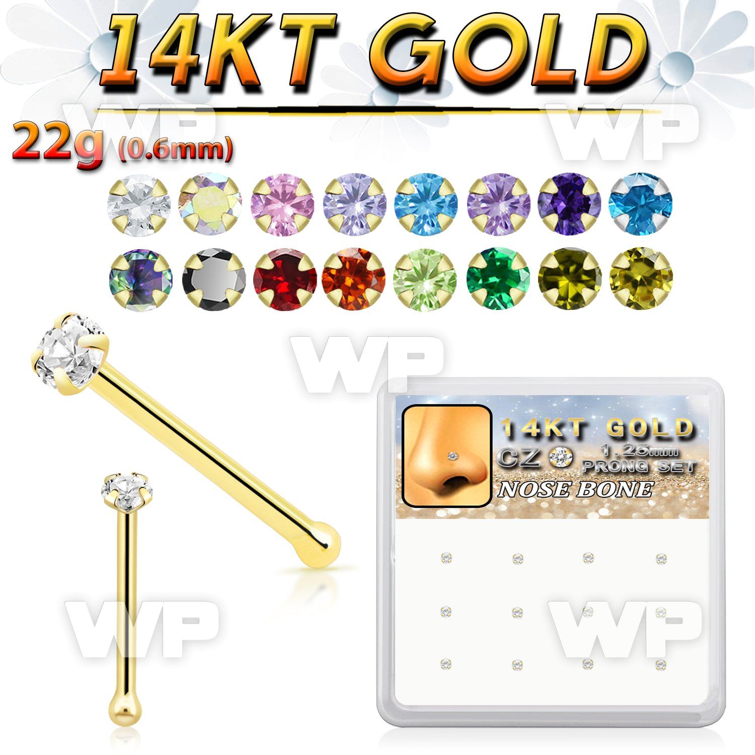 dgnb22 box w 12 pcs. of 14kt gold nose bones w 1.25mm clear cz 