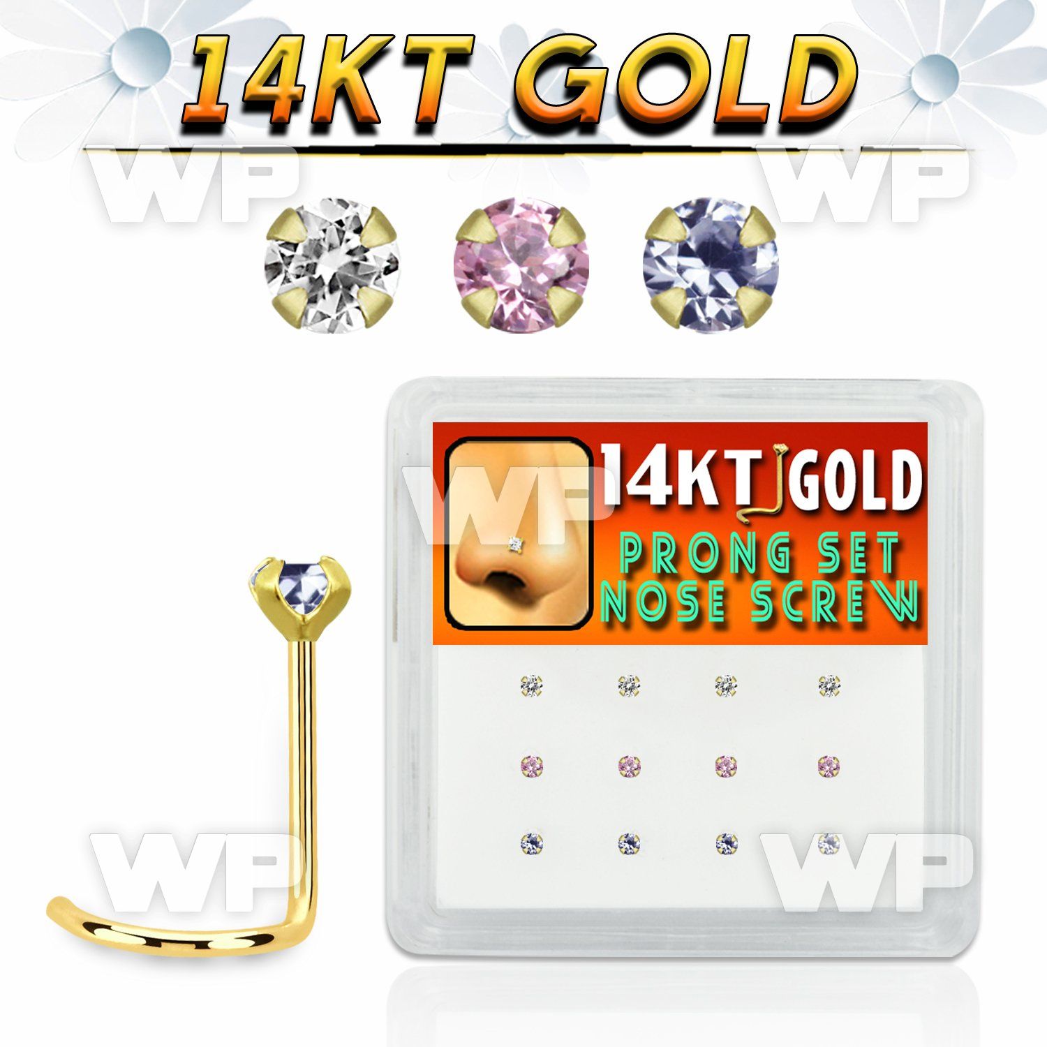 dgsc27 box w 14kt gold nose screw w prong set 2mm mix color czs
