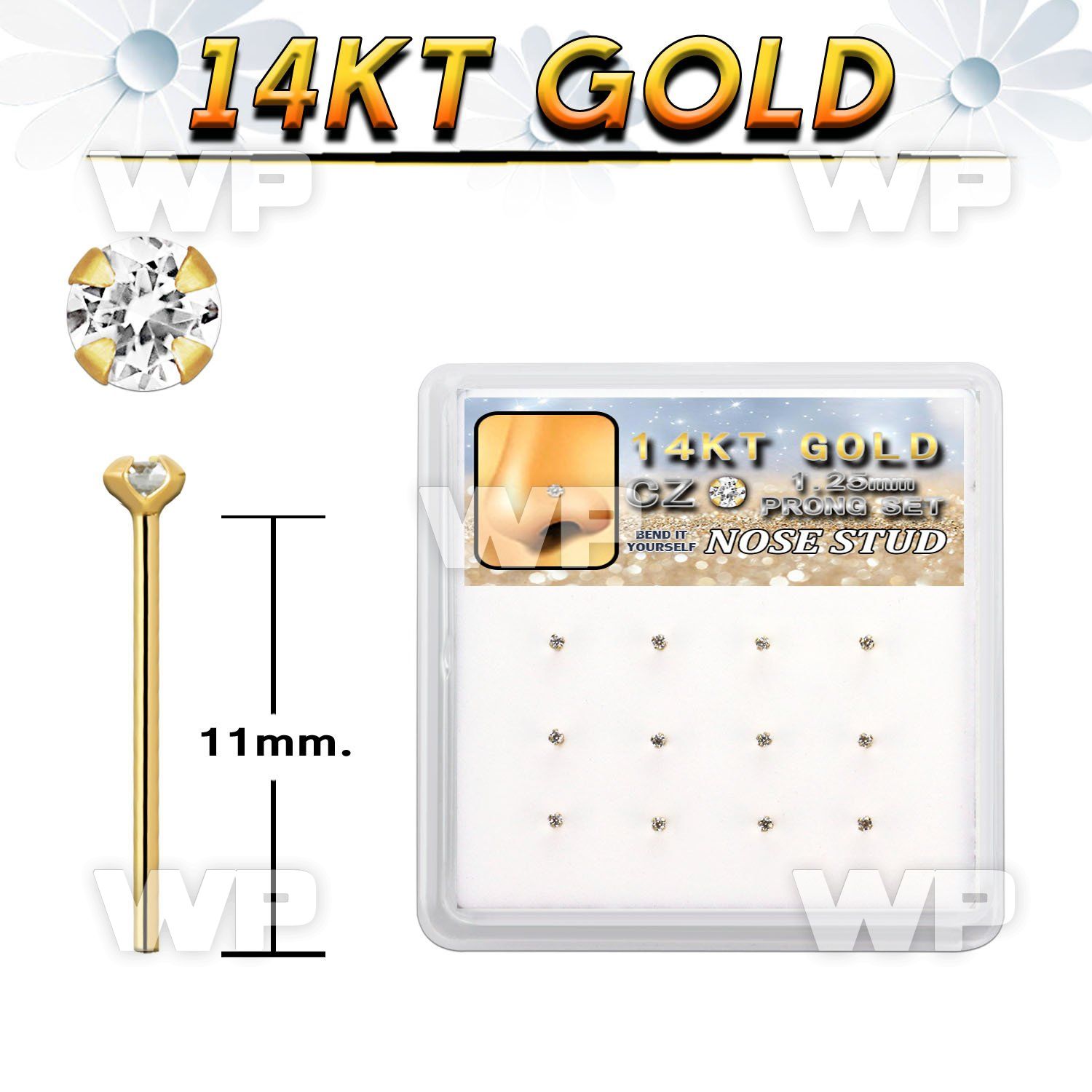 dgys22 box w 14kt gold nose bend it nose stud w 1.2mm clear cz 