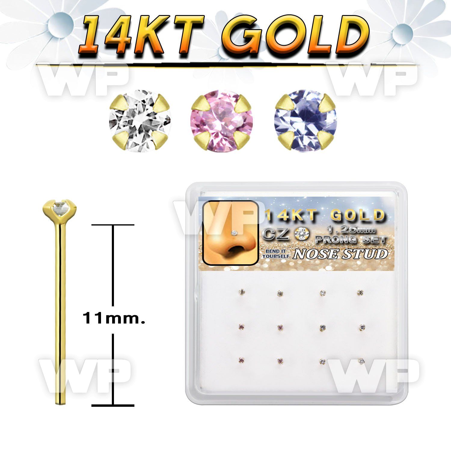 dgys23 box w 14kt gold nose bend it nose stud w 1.2mm round cz 