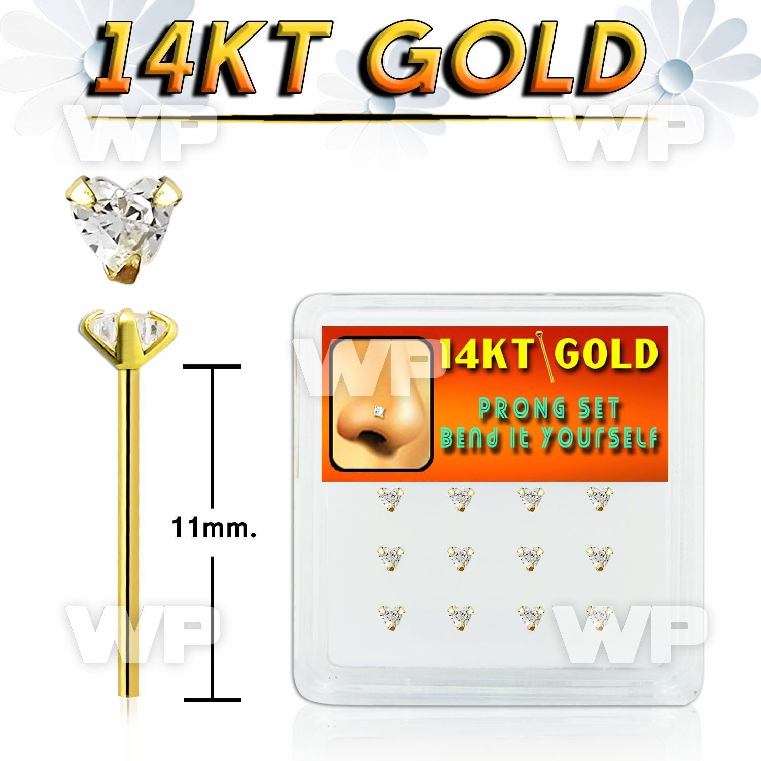 dgys3 box w 14kt gold bend it nose studs w 3mm heart cz 