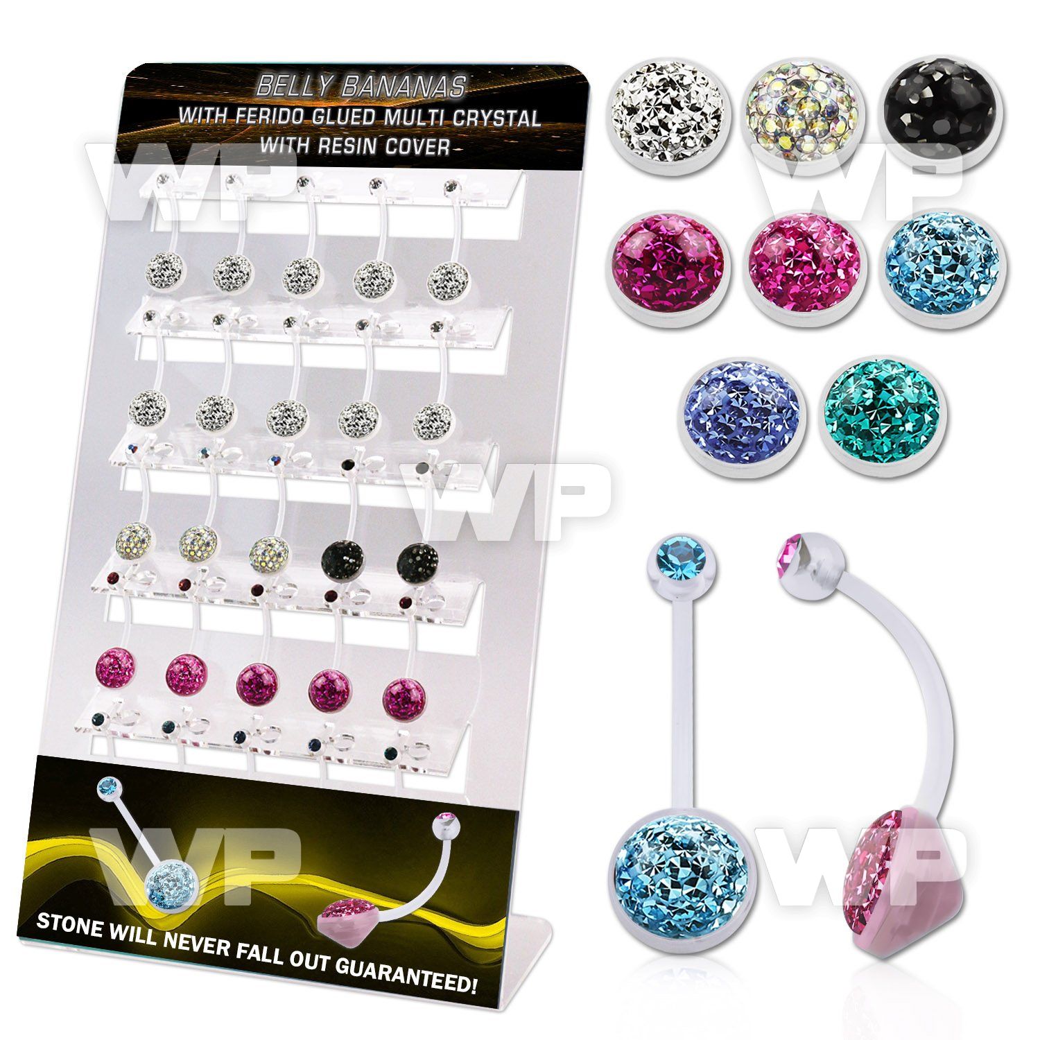 dmix18 display w bio flex belly bananas w ferido glued crystals