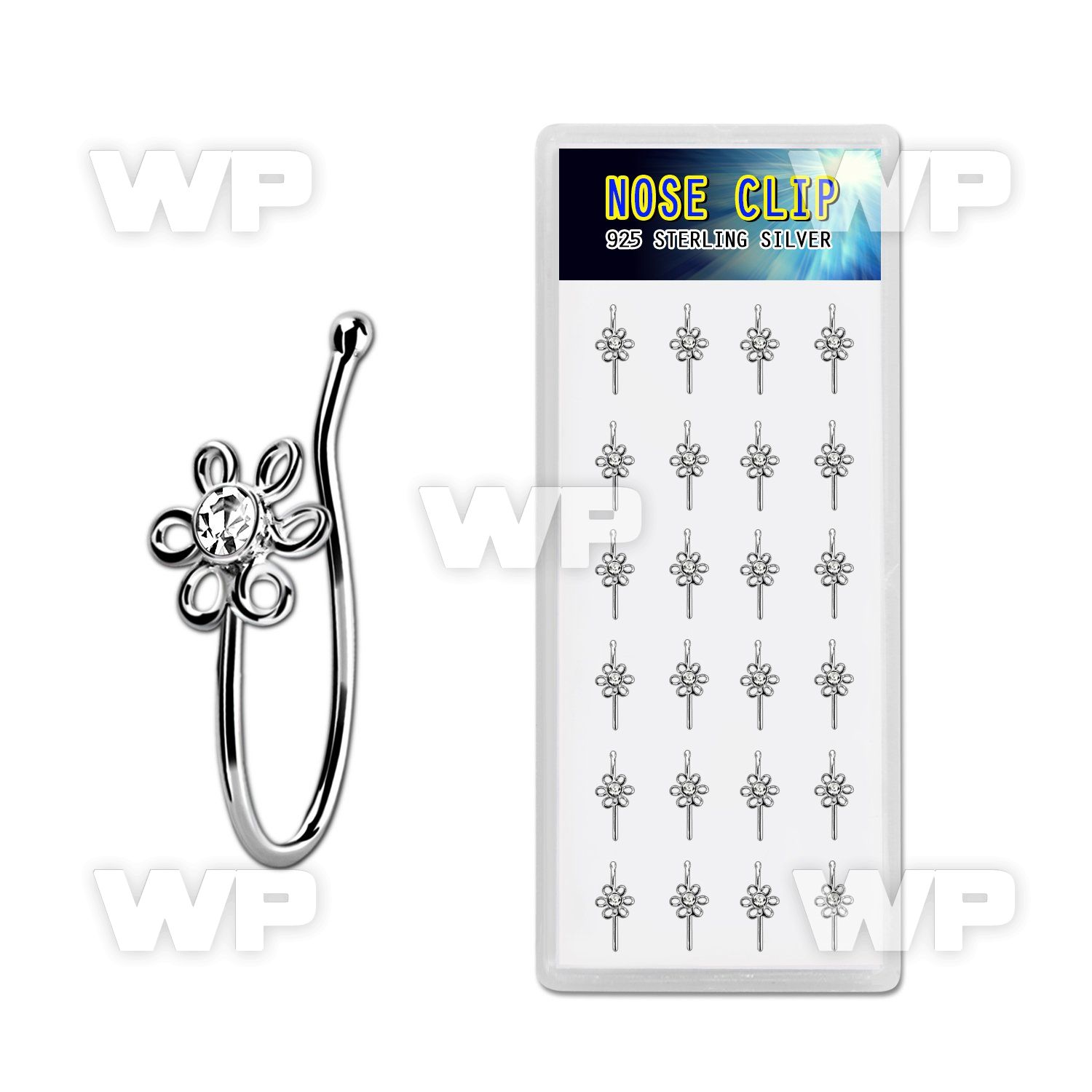 dncl3c box w silver fake nose clips wire flower w color crystal