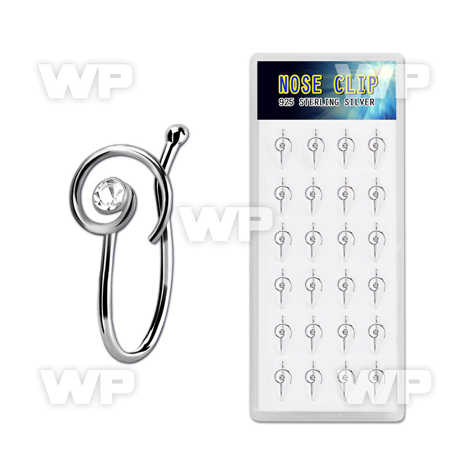 dncl7c box w 24 silver fake nose clips w spiral w clear crystal