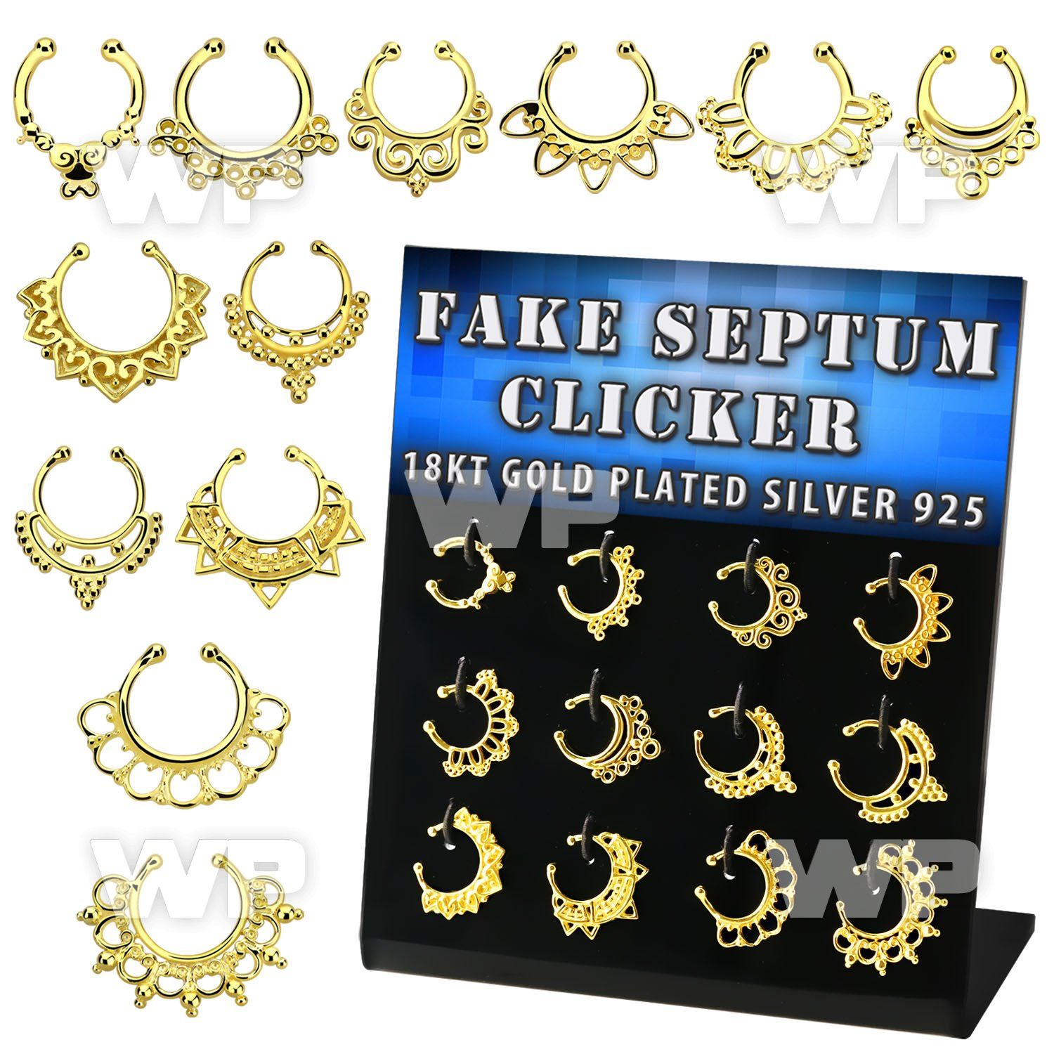 dnsm117 display w gold plated fake septum clickers indian design