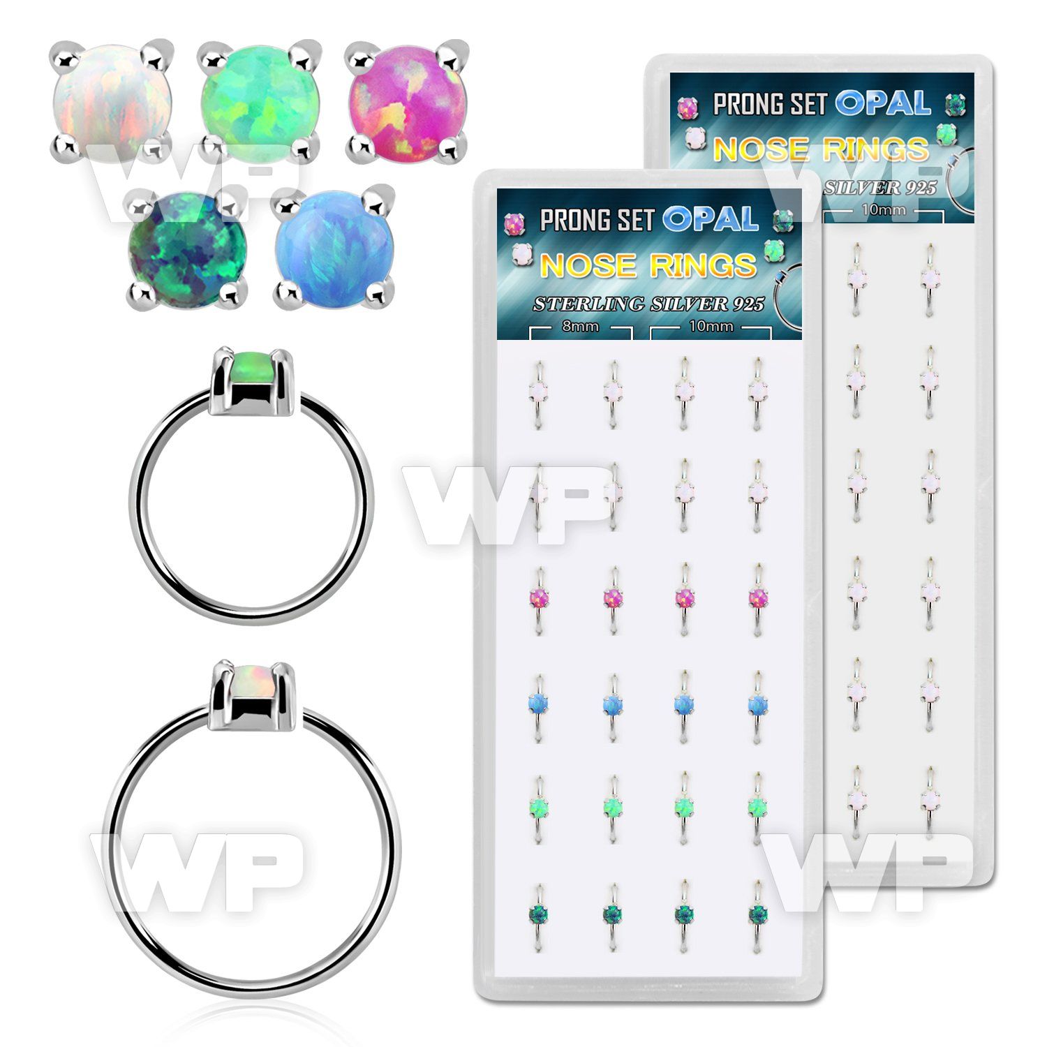 dnsm160 box w silver nose ring w prong set 2.5mm synthetic opals