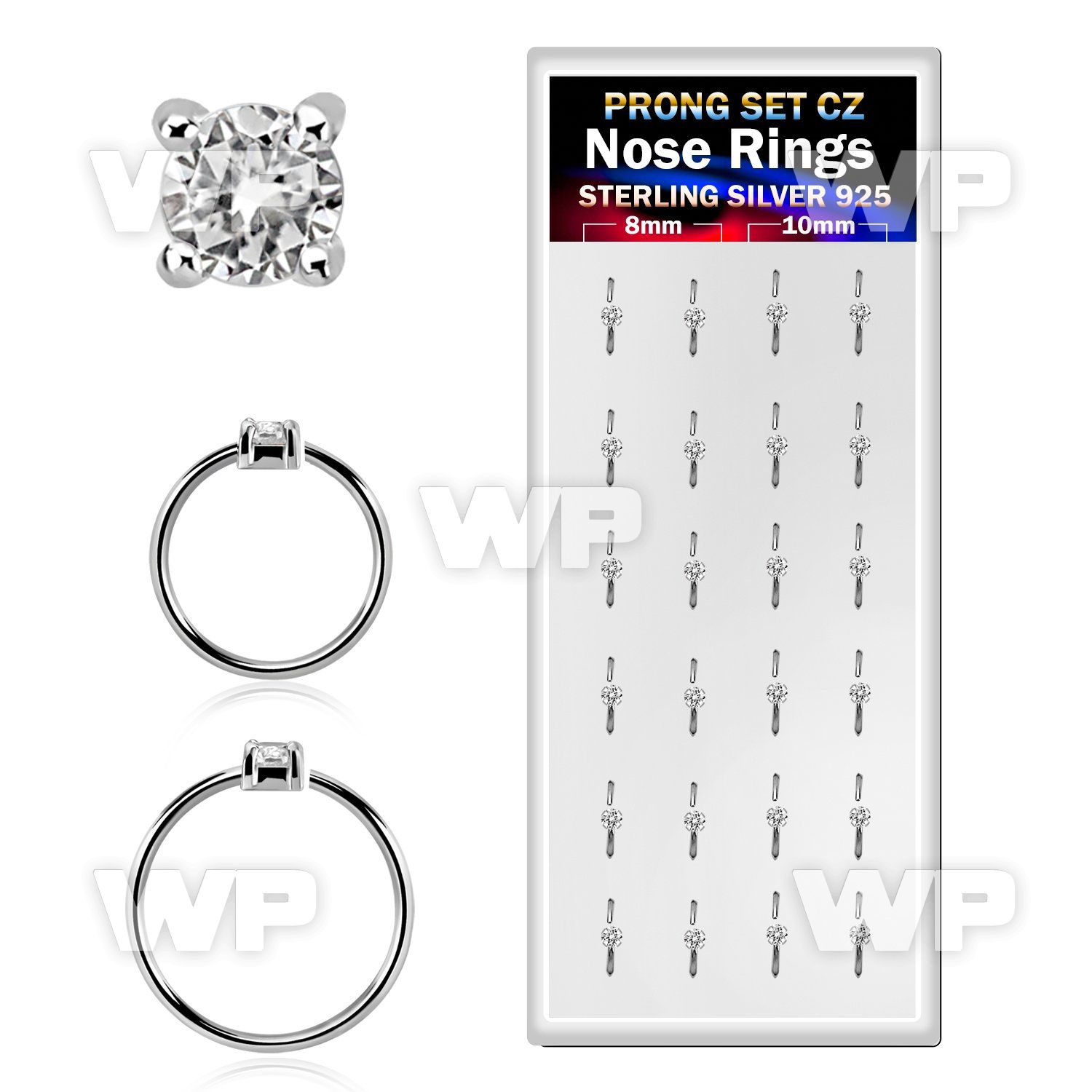 dnsm161 box w 24 silver nose rings w set 1.5mm clear cz tops