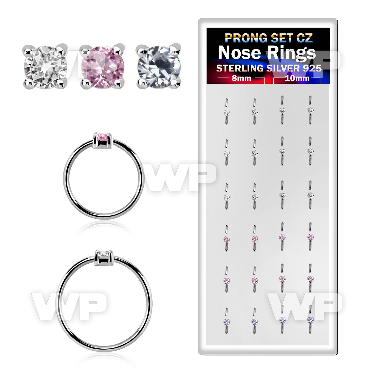 dnsm164 box w 24 silver nose rings w set 2mm mix color cz tops