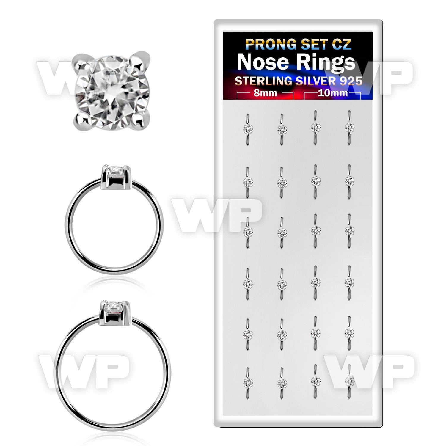 dnsm165 box w 24 silver nose rings w set 2.5mm clear cz tops
