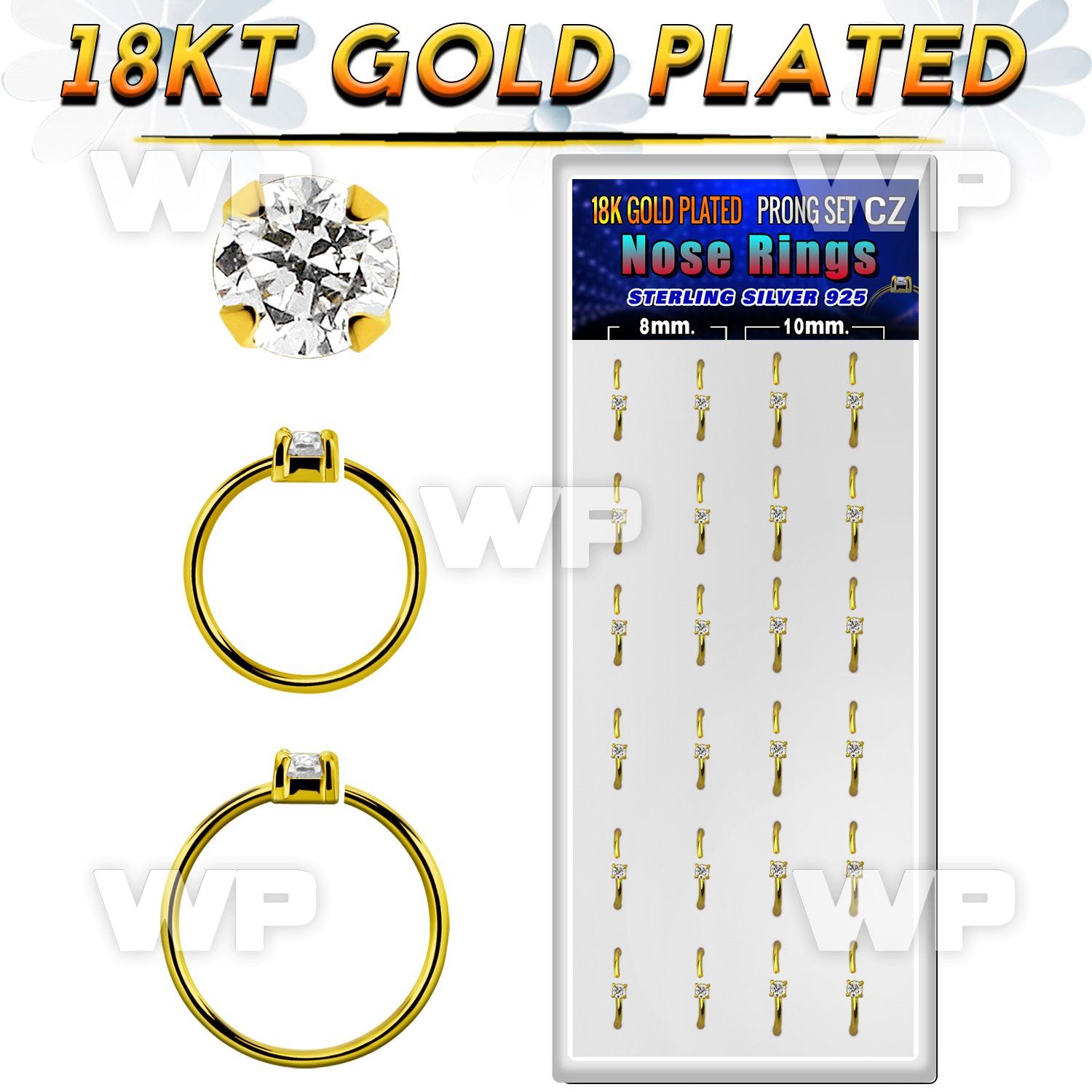 dnsm173 box 24 18k gold plated silver nose rings w 1.5mm cz top 