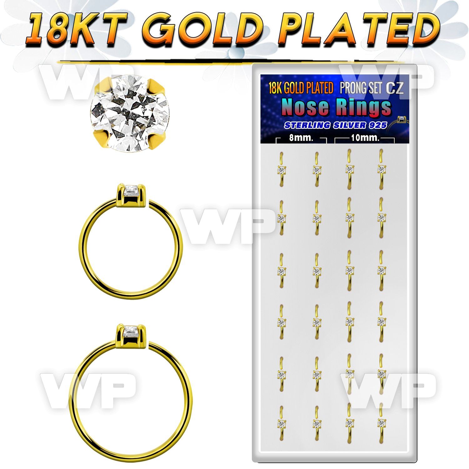 dnsm174 box 24 18k gold plated silver nose rings w 2mm cz top 