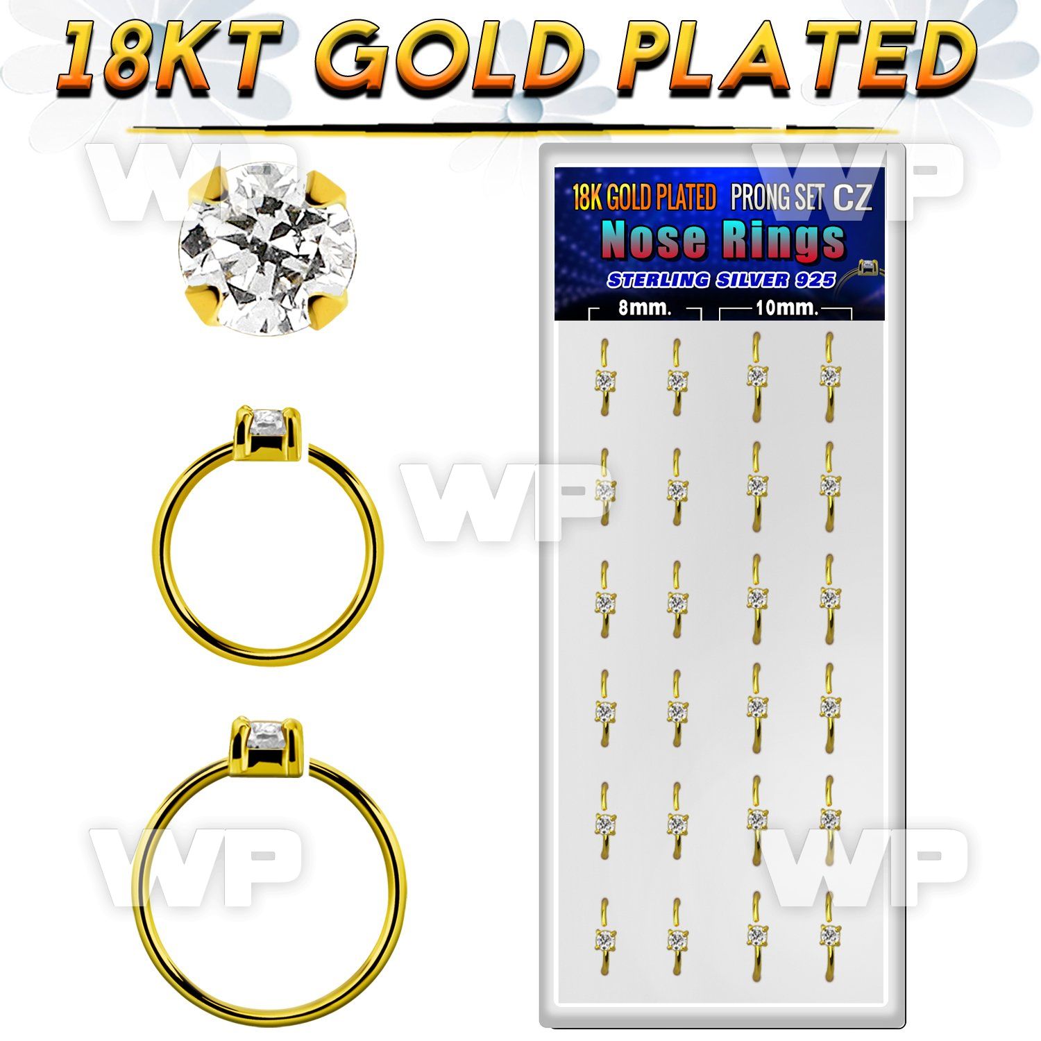 dnsm175 box 24 18k gold plated silver nose rings w 2.5mm cz top 