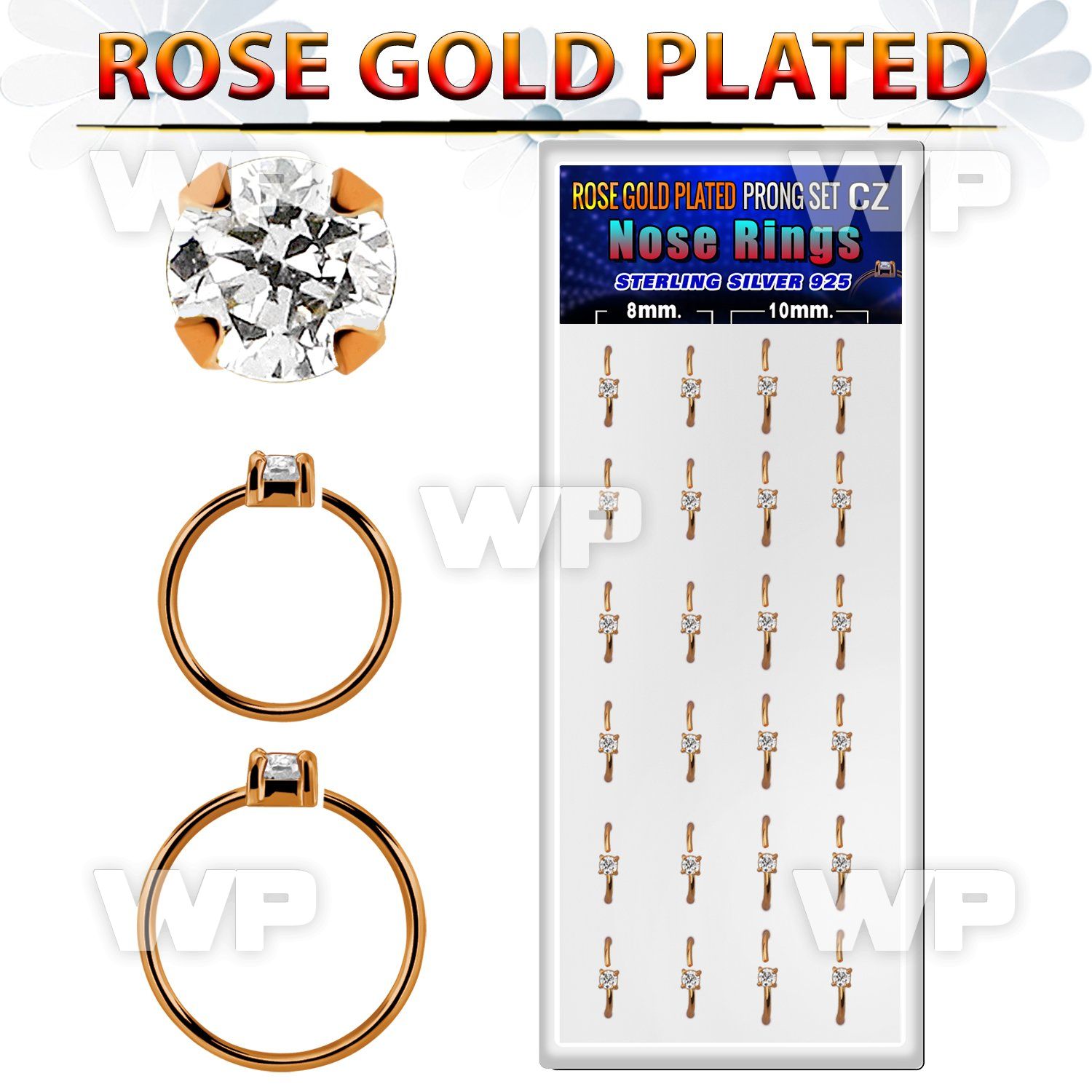 dnsm177 box 24 rose gold plated silver nose rings w 2mm cz top 